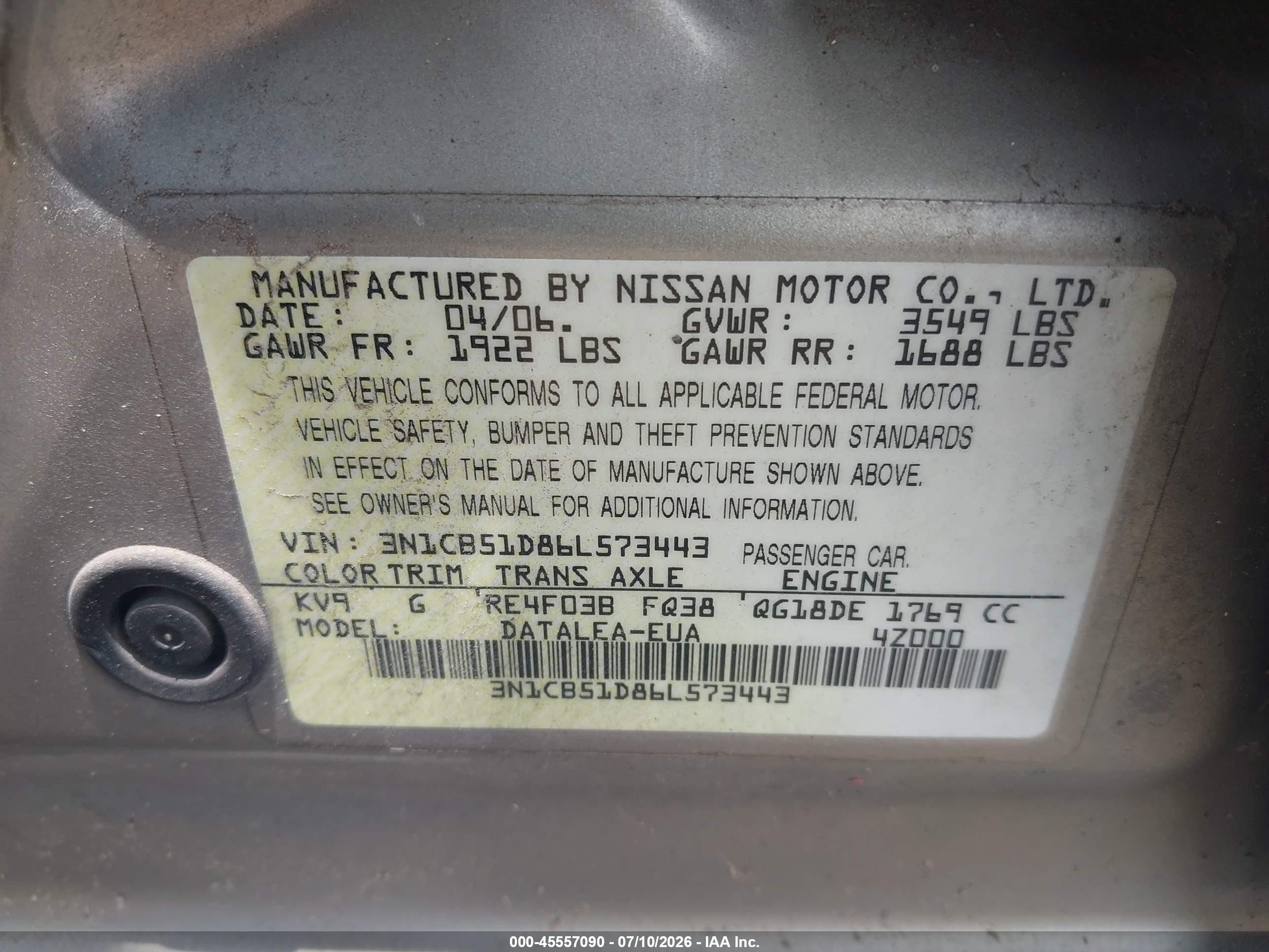 2006 Nissan Sentra 1.8s Gold vin: 3N1CB51D86L573443