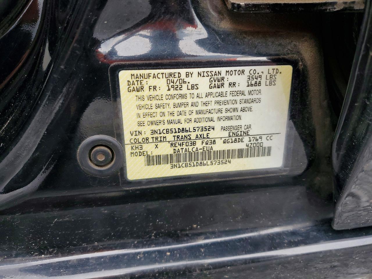 2006 Nissan Sentra Black vin: 3N1CB51D86L573524