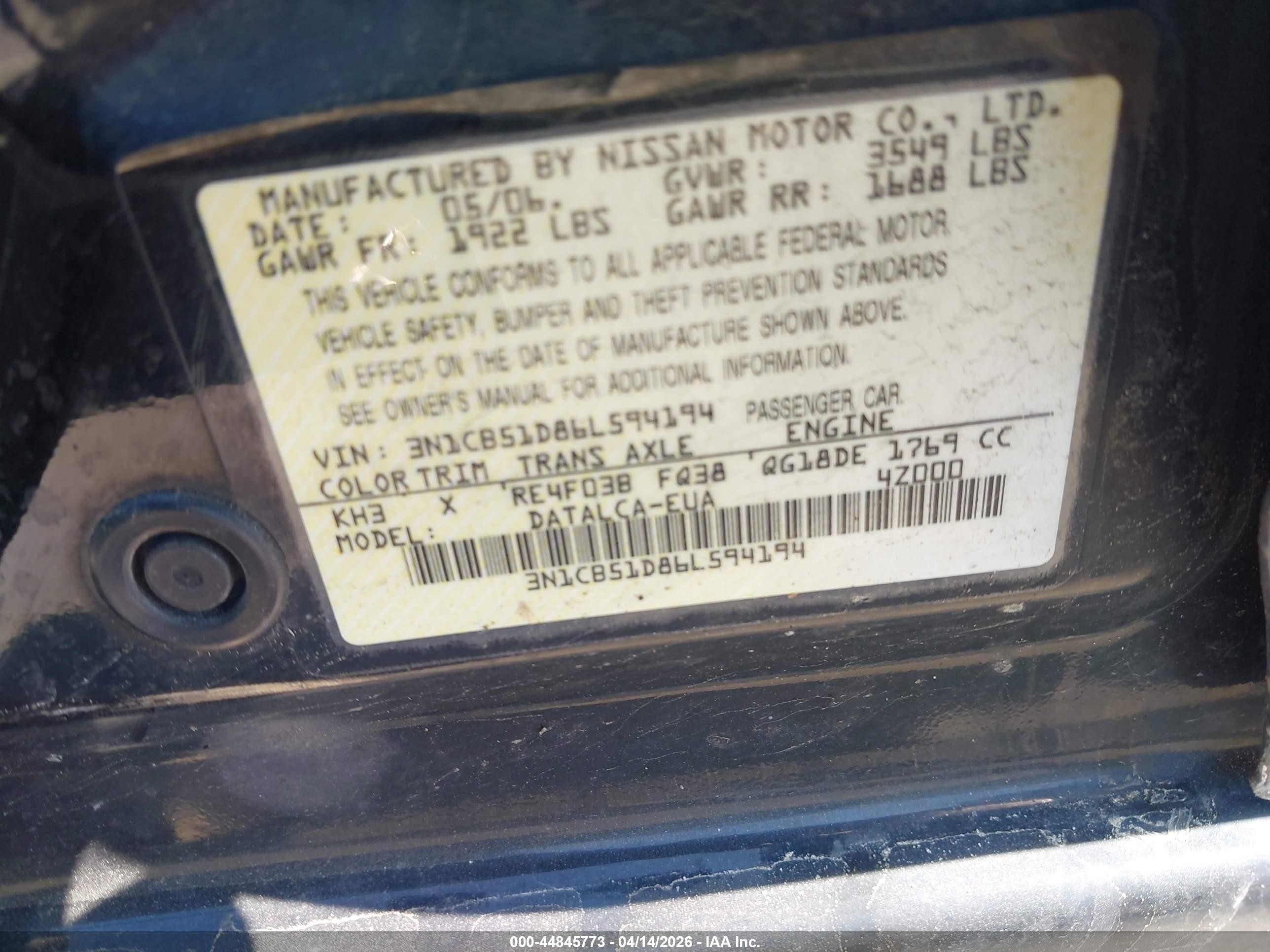 2006 Nissan Sentra 1.8 Black vin: 3N1CB51D86L594194