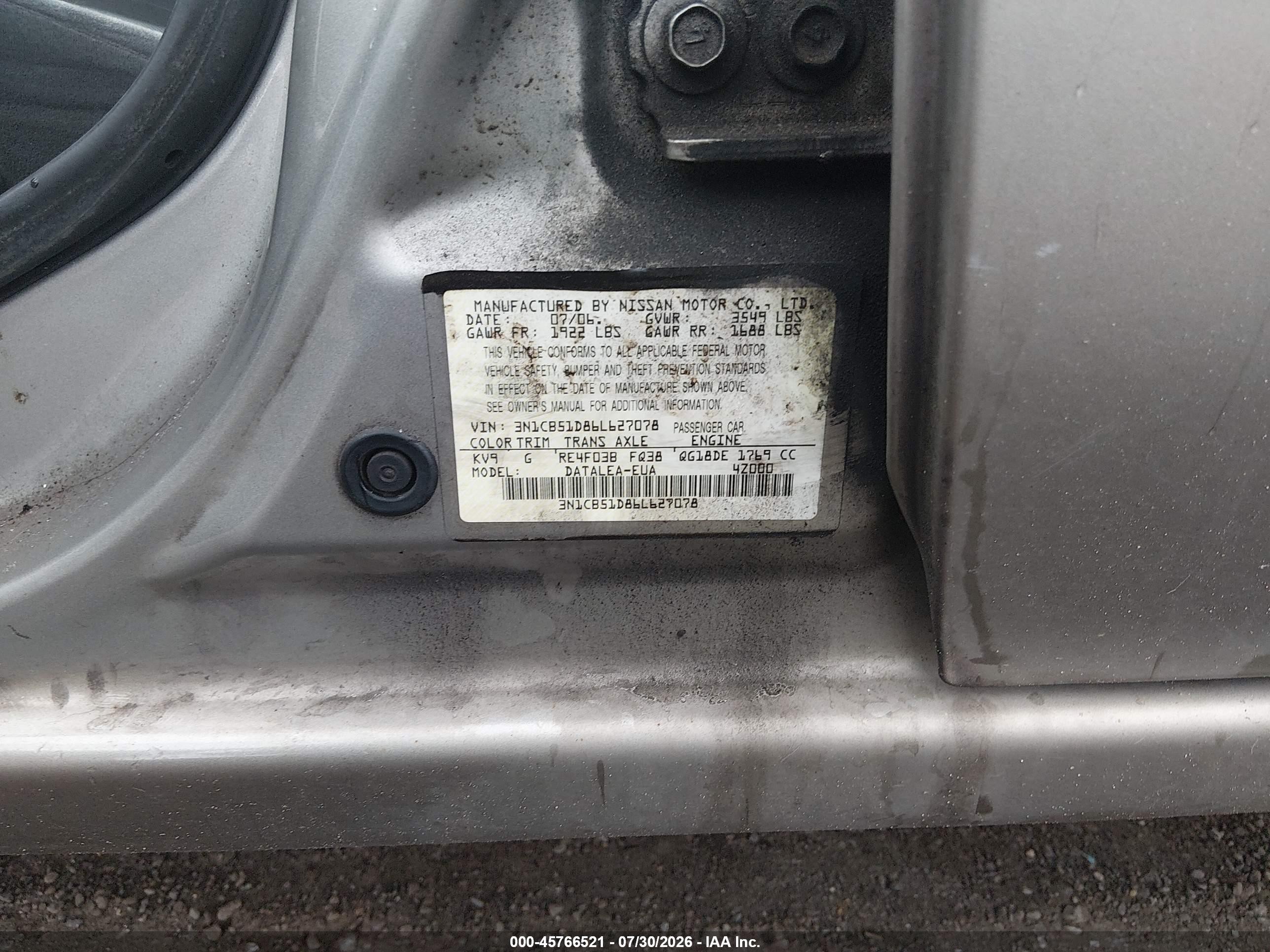 2006 Nissan Sentra 1.8s Beige vin: 3N1CB51D86L627078