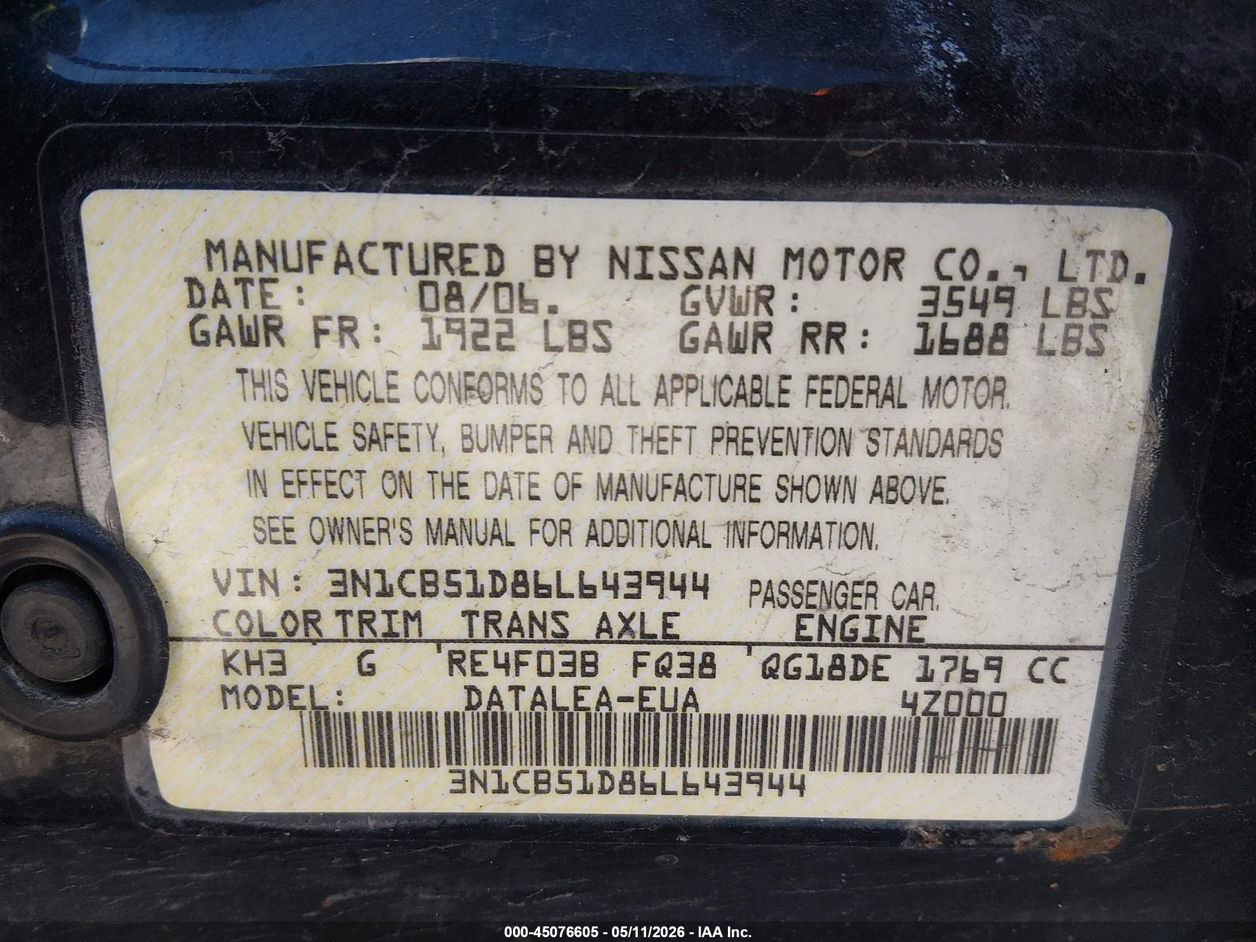 2006 Nissan Sentra 1.8s Черный vin: 3N1CB51D86L643944