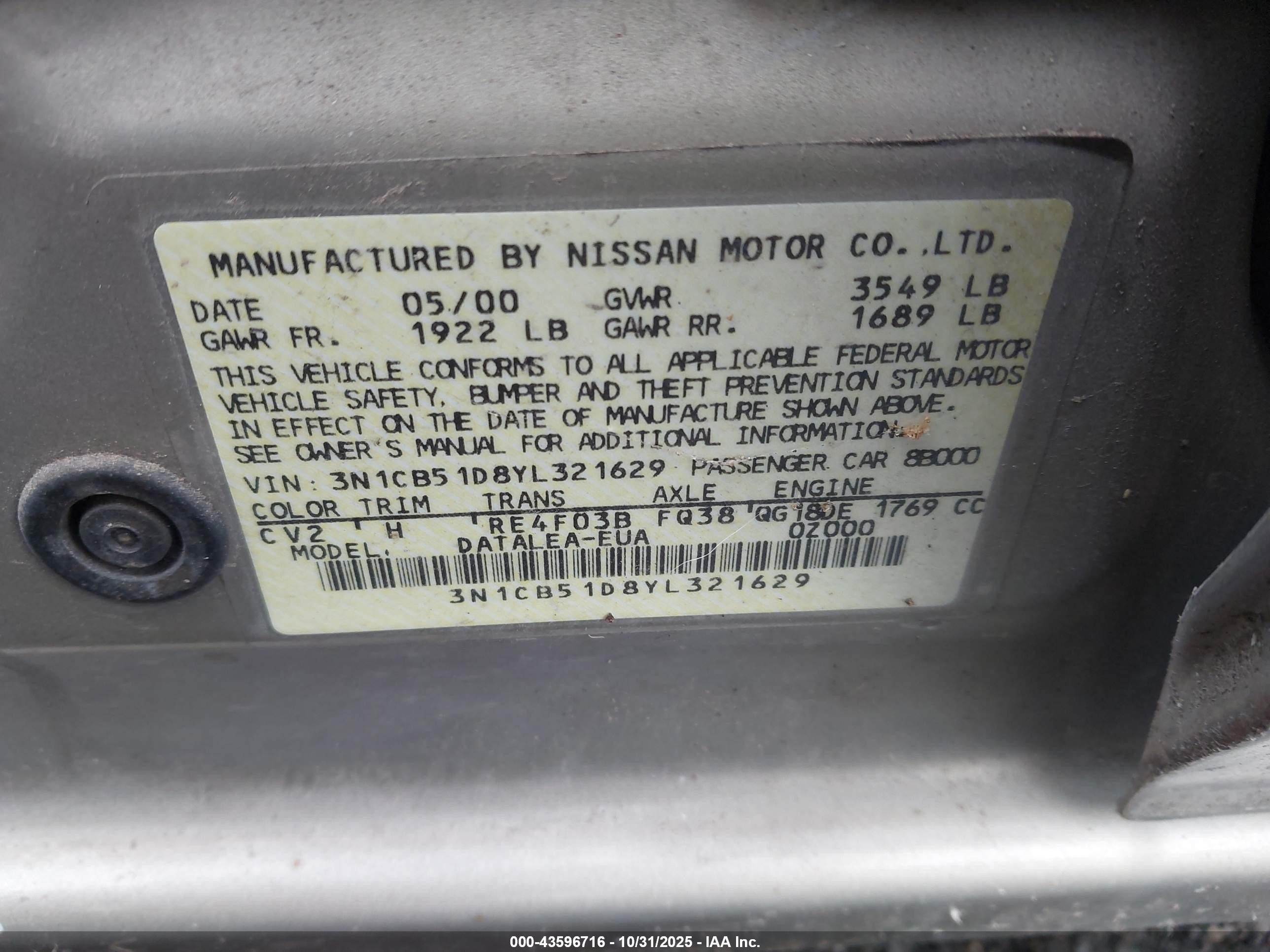 2000 Nissan Sentra Gxe/xe Gold vin: 3N1CB51D8YL321629