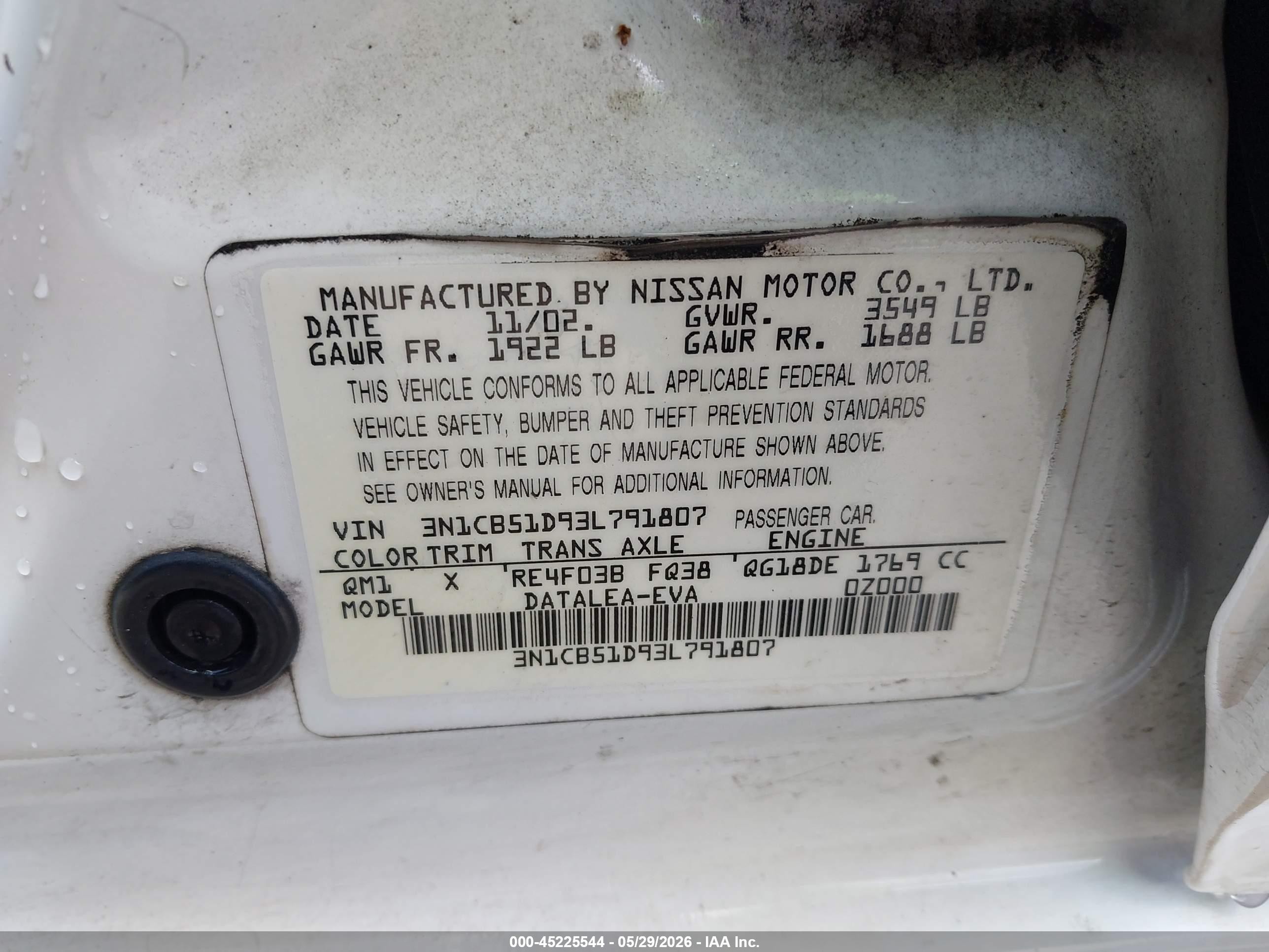 2003 Nissan Sentra Xe Белый vin: 3N1CB51D93L791807