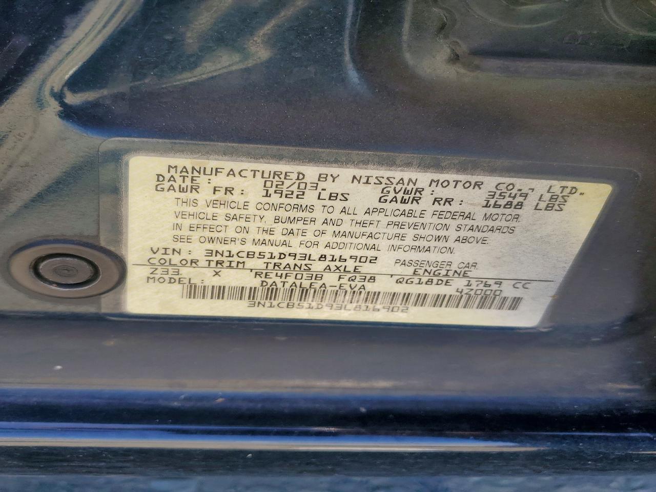 2003 Nissan Sentra Xe Teal vin: 3N1CB51D93L816902