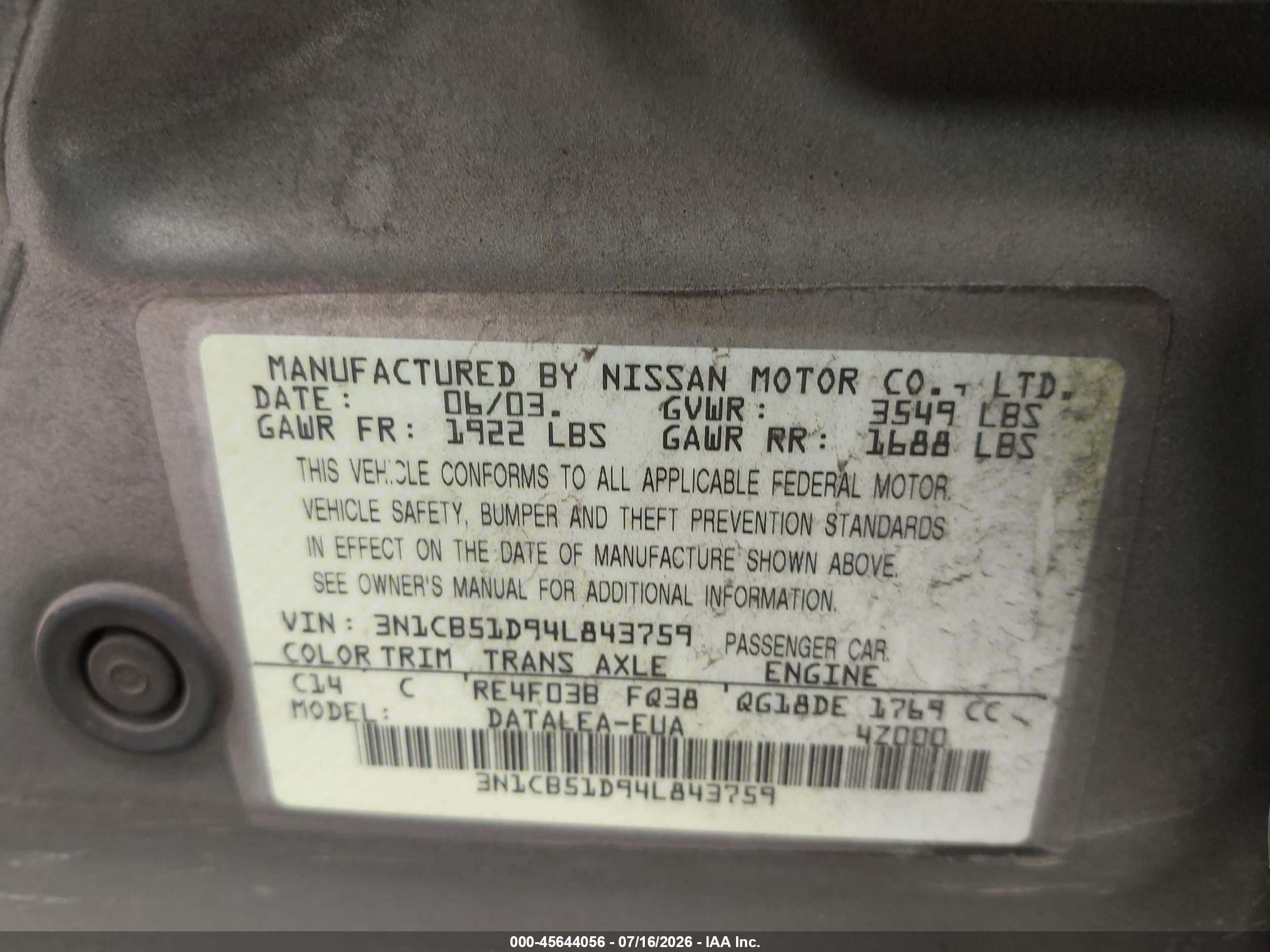 2004 Nissan Sentra 1.8s Silver vin: 3N1CB51D94L843759