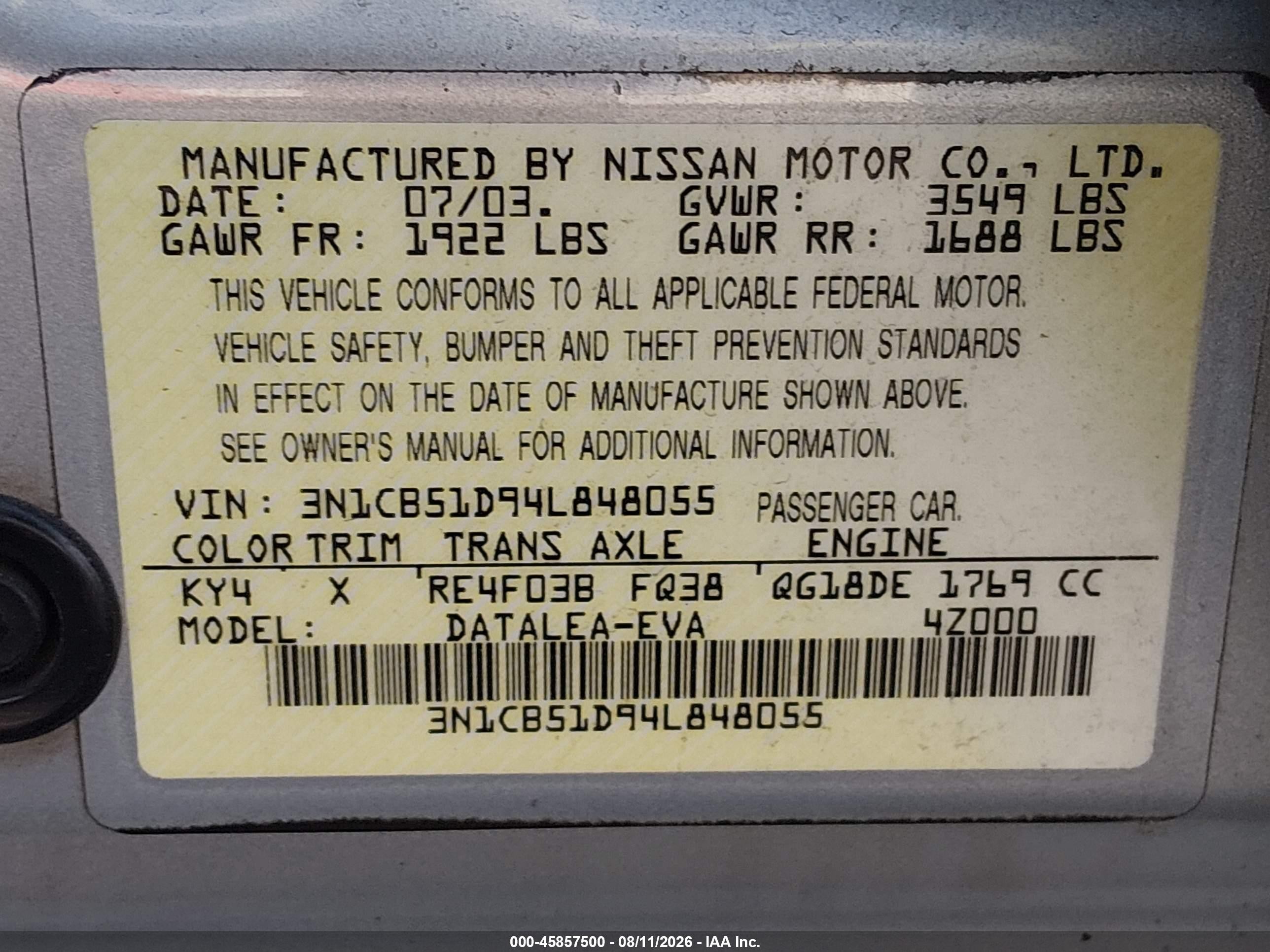 2004 Nissan Sentra 1.8s Gray vin: 3N1CB51D94L848055