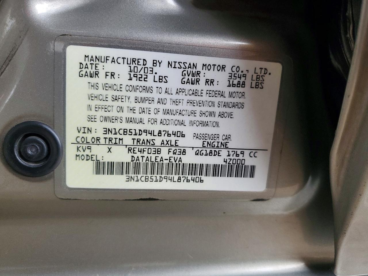 2004 Nissan Sentra 1.8 Green vin: 3N1CB51D94L876406