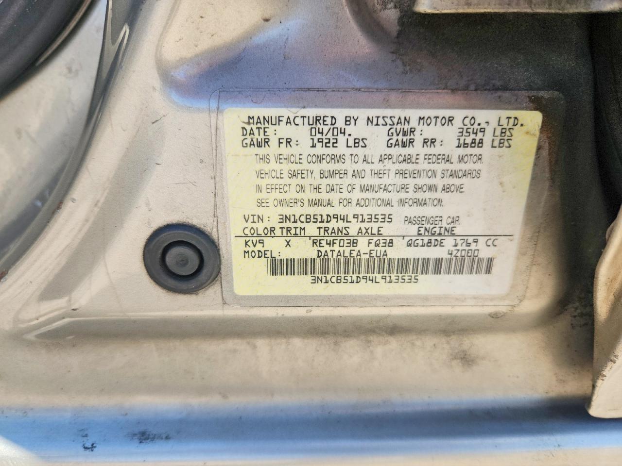 2004 Nissan Sentra 1.8 Gray vin: 3N1CB51D94L913535
