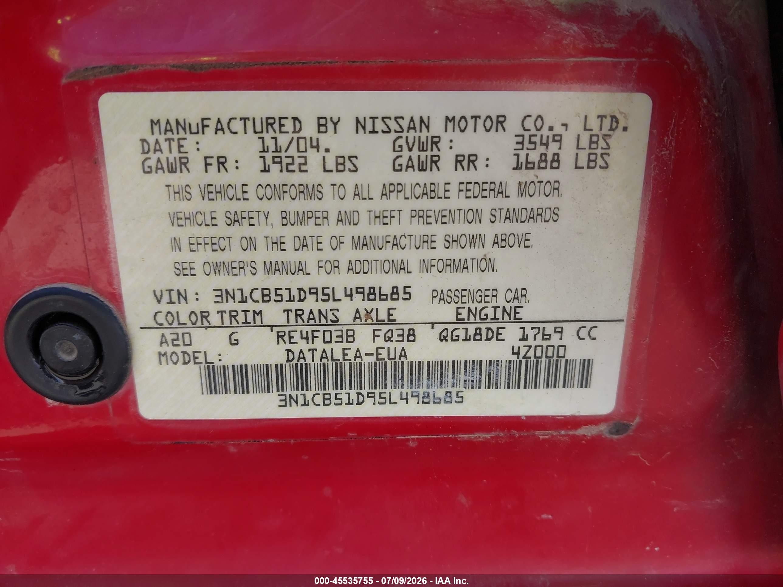 2005 Nissan Sentra 1.8s Красный vin: 3N1CB51D95L498685