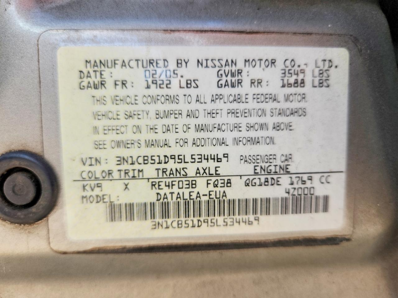 2005 Nissan Sentra 1.8 Gray vin: 3N1CB51D95L534469