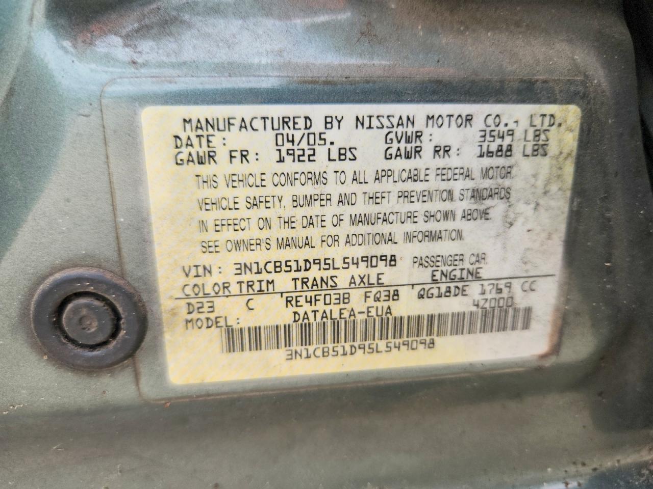 2005 Nissan Sentra 1.8 Green vin: 3N1CB51D95L549098