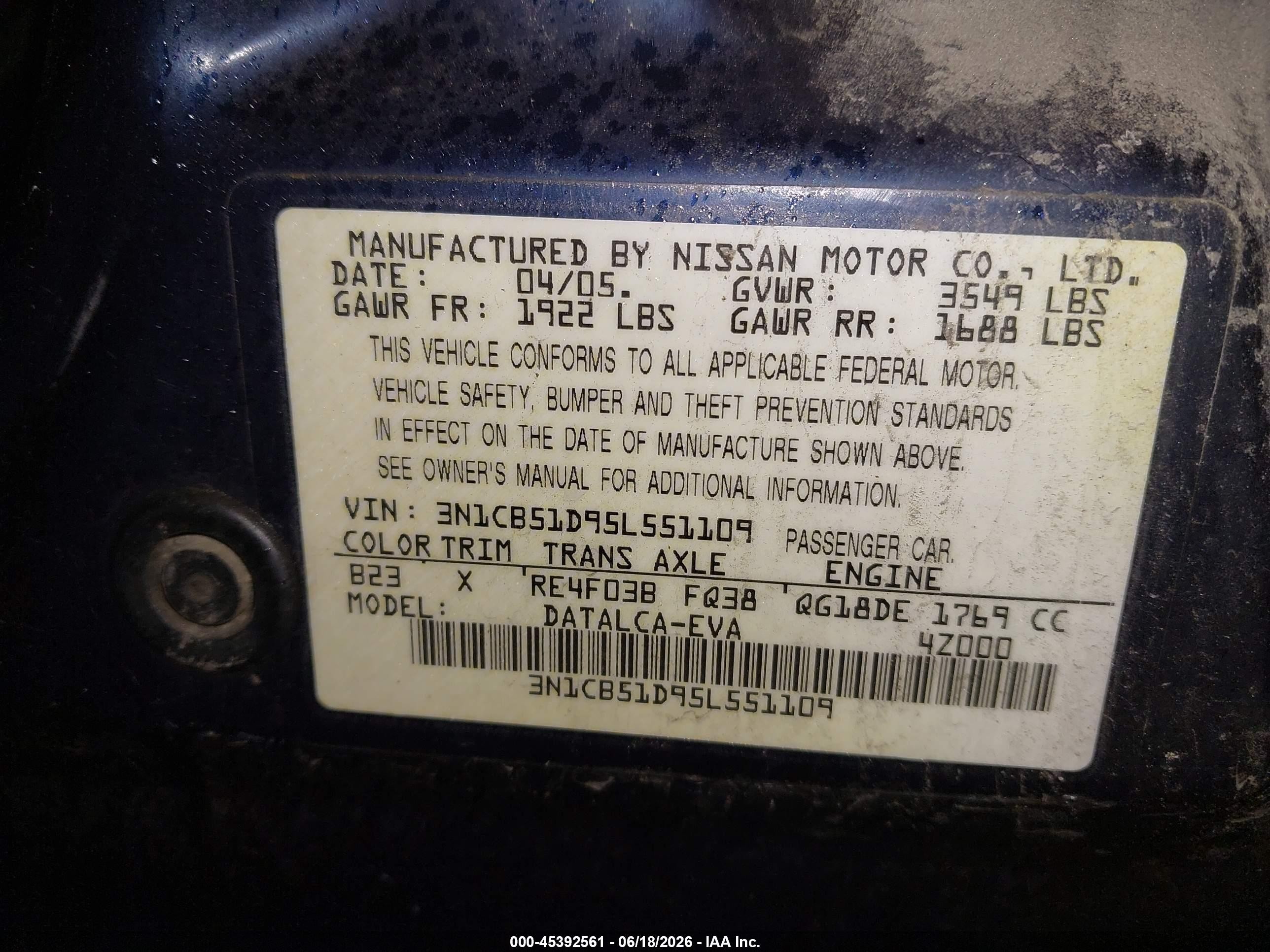 2005 Nissan Sentra 1.8 Blue vin: 3N1CB51D95L551109
