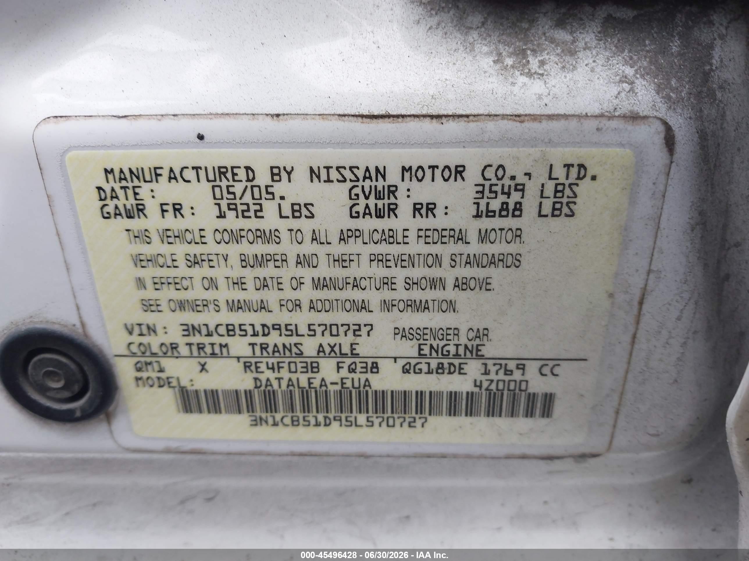 2005 Nissan Sentra 1.8s White vin: 3N1CB51D95L570727