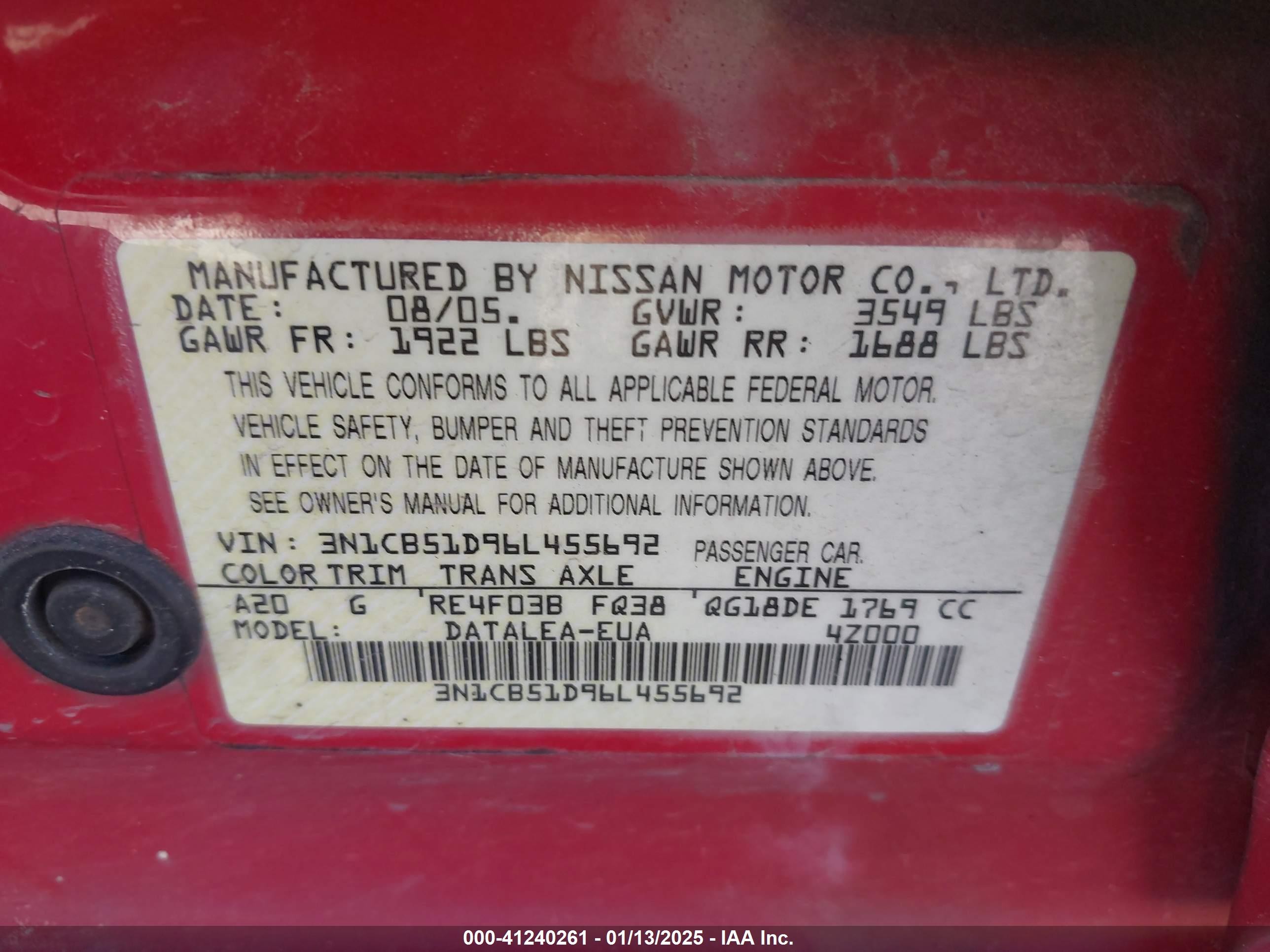 2006 Nissan Sentra 1.8s Red vin: 3N1CB51D96L455692