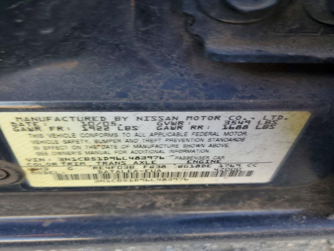 2006 Nissan Sentra 1.8 Black vin: 3N1CB51D96L483976