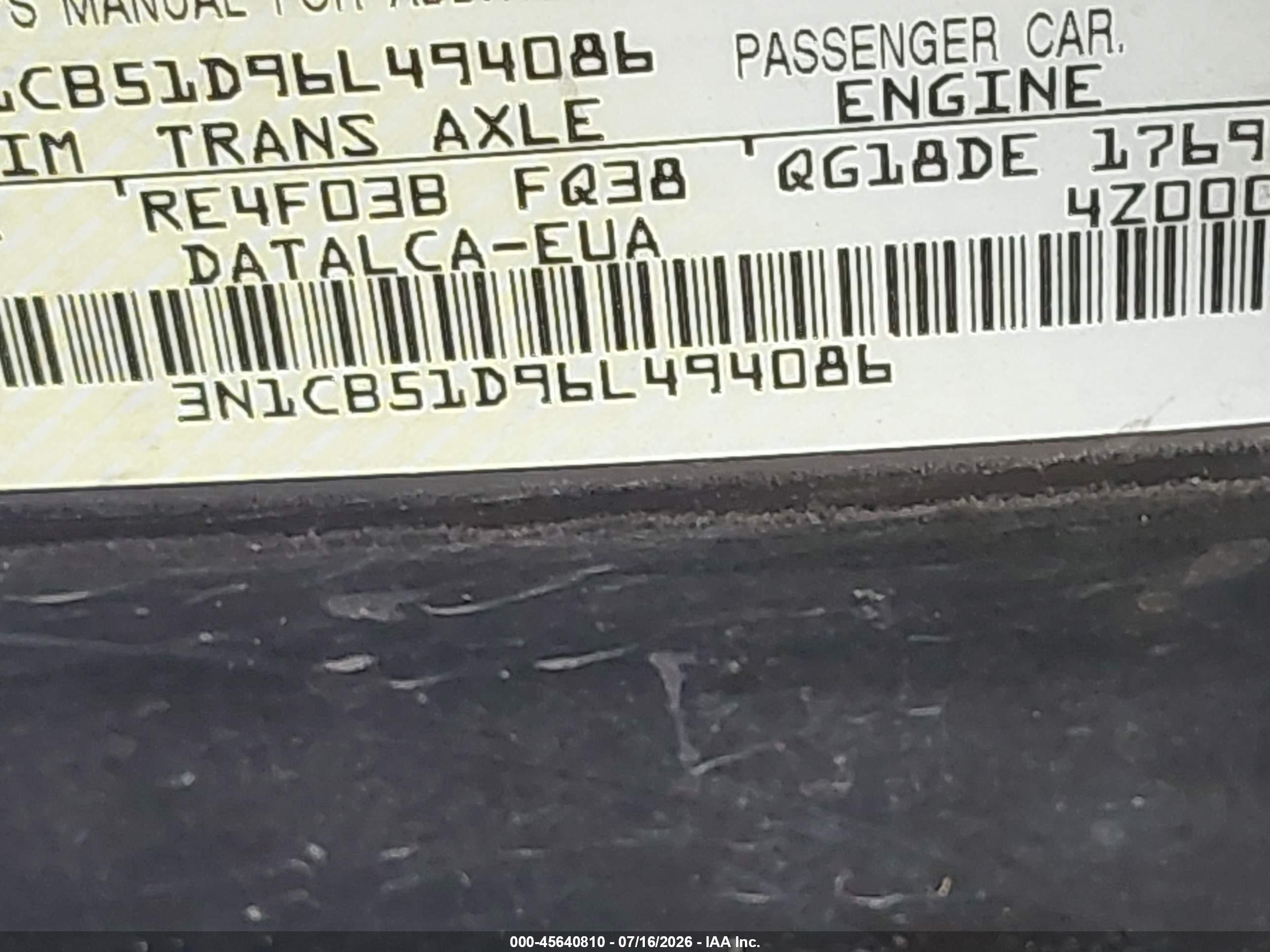 2006 Nissan Sentra 1.8 Black vin: 3N1CB51D96L494086