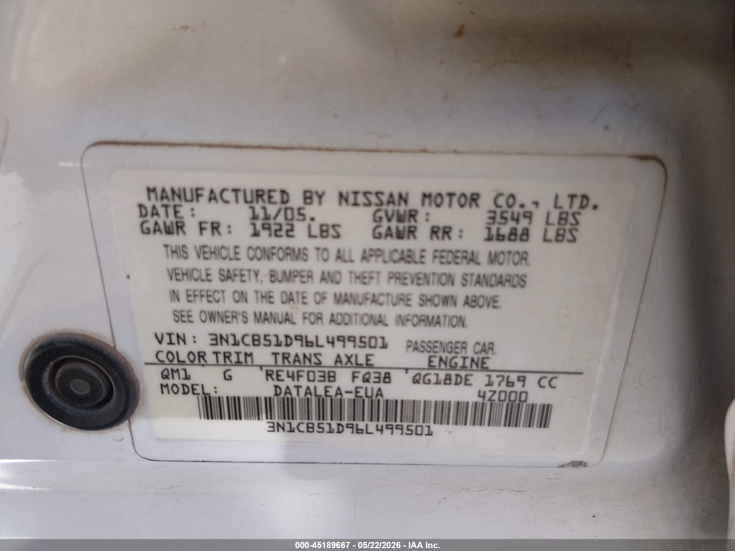 2006 Nissan Sentra 1.8s Белый vin: 3N1CB51D96L499501