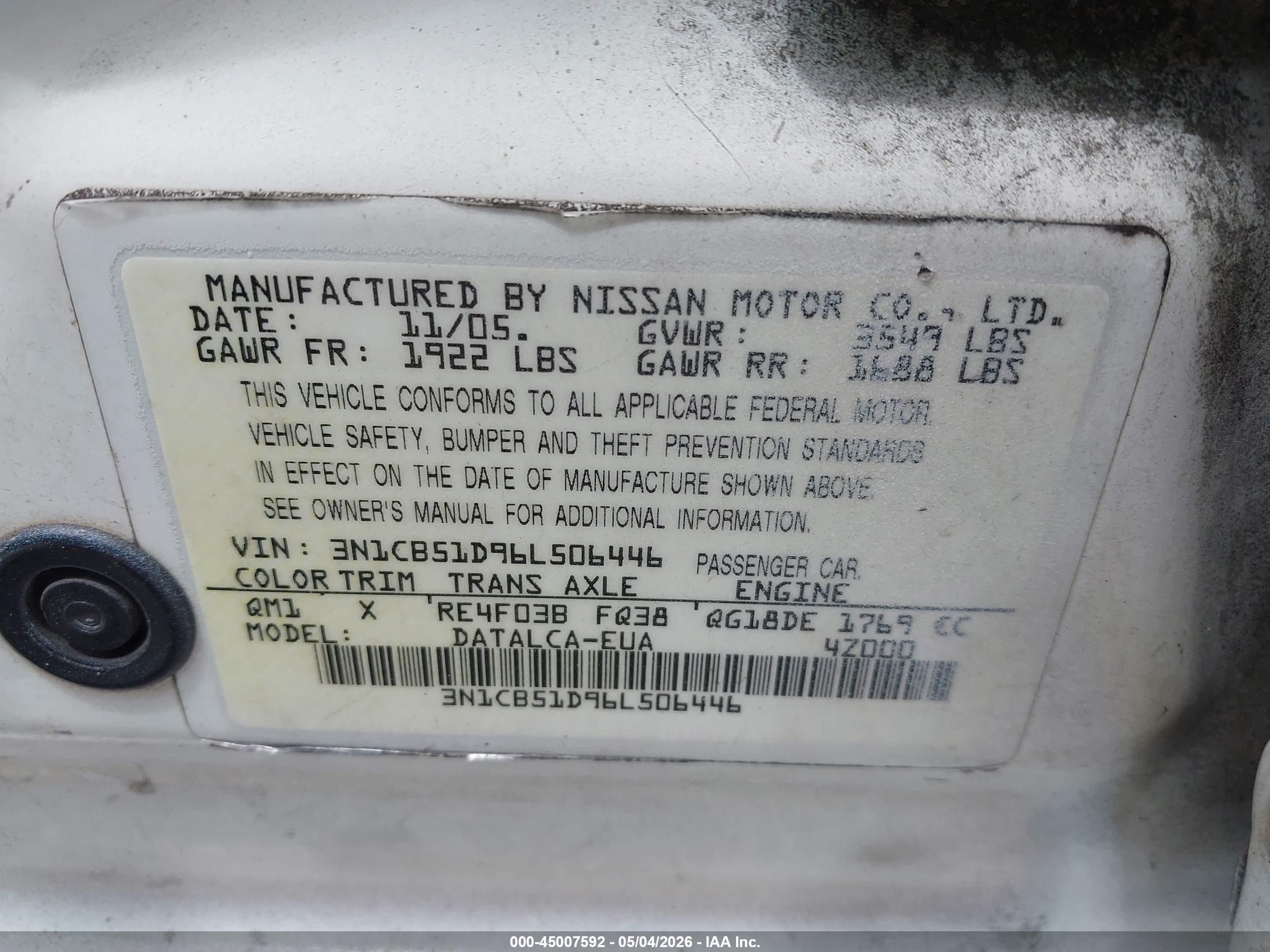 2006 Nissan Sentra 1.8 Белый vin: 3N1CB51D96L506446