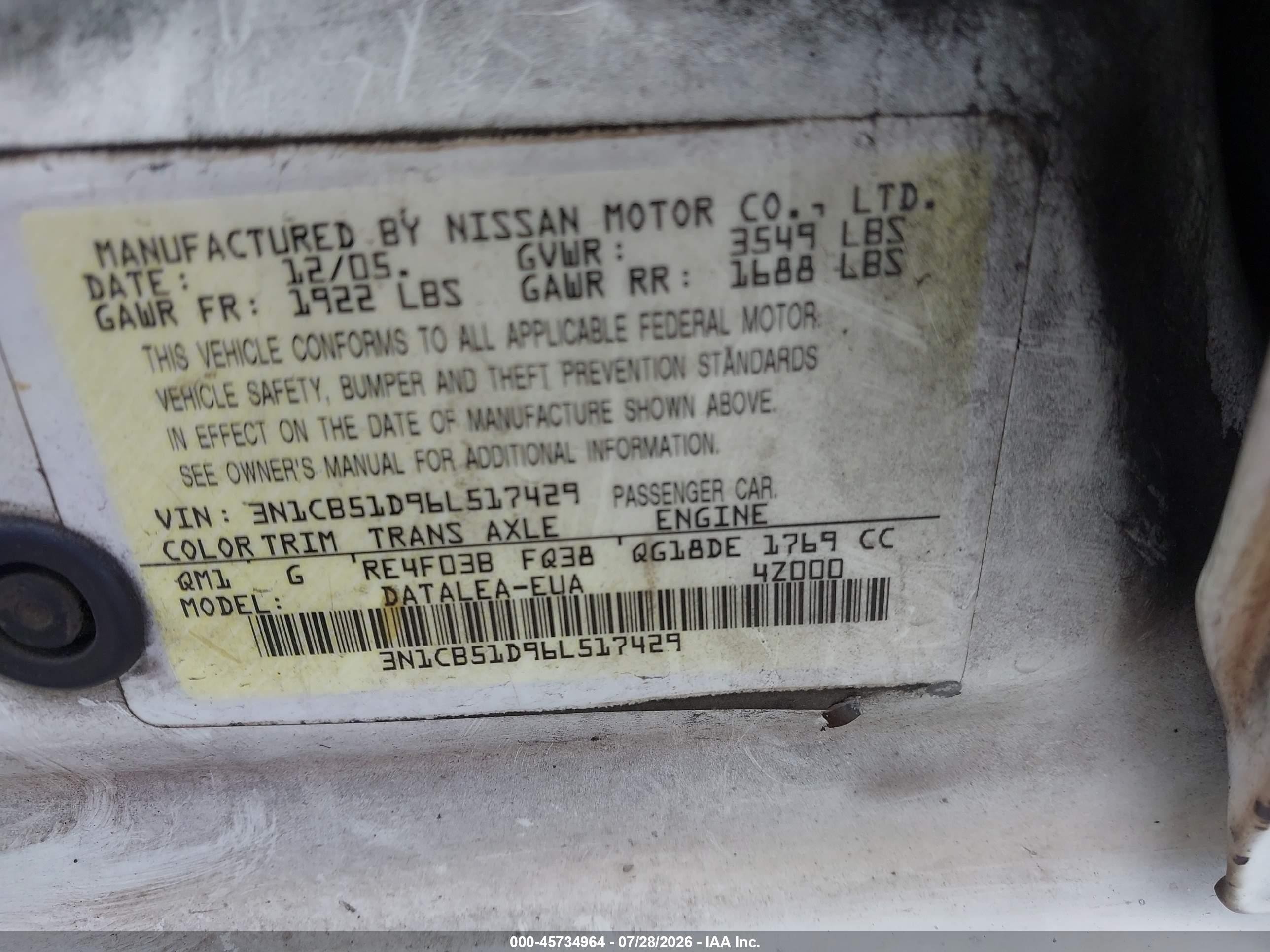 2006 Nissan Sentra 1.8s Белый vin: 3N1CB51D96L517429