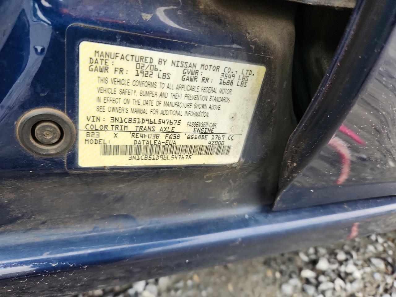 2006 Nissan Sentra 1.8 Blue vin: 3N1CB51D96L547675