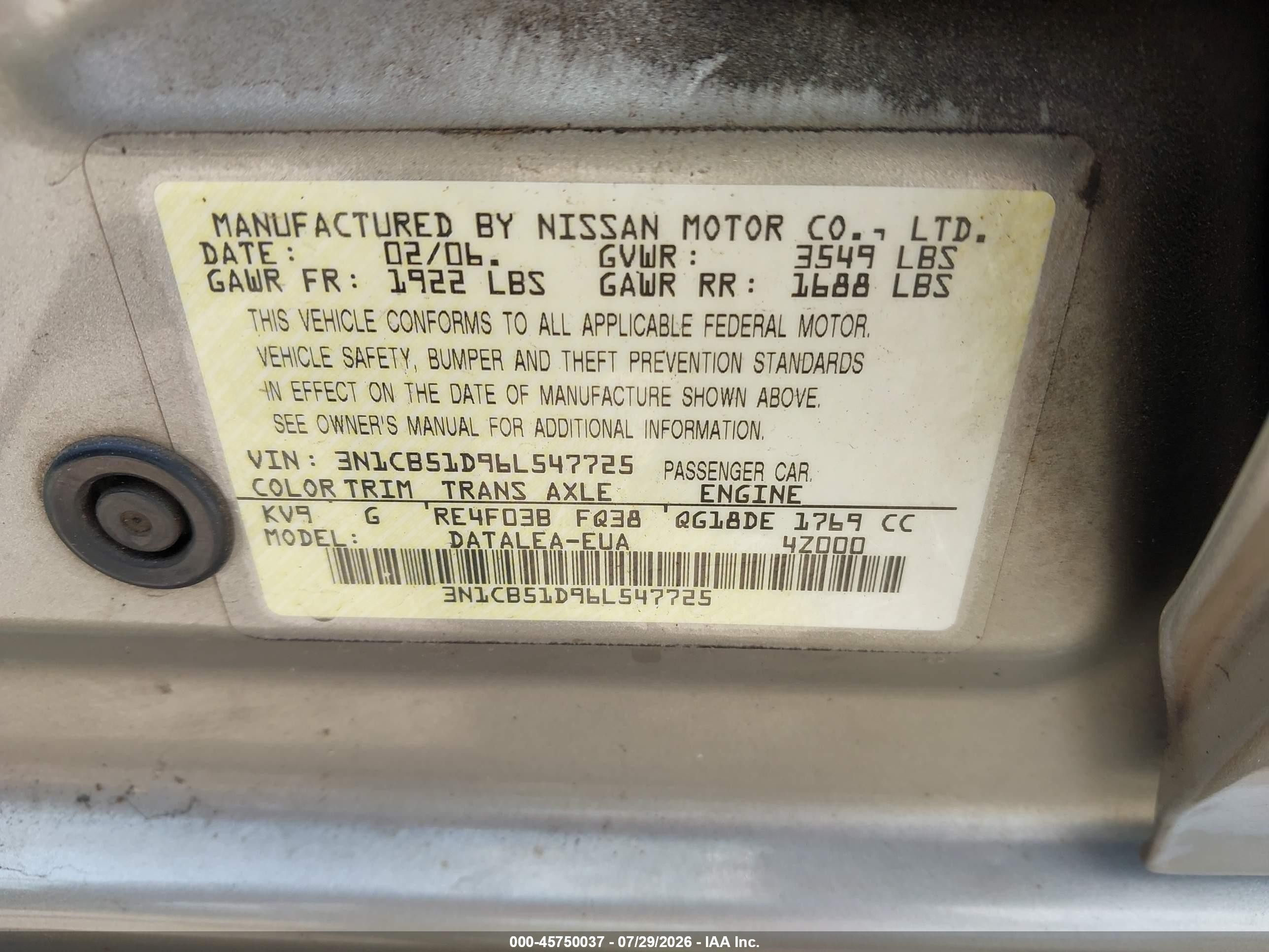 2006 Nissan Sentra 1.8s Gray vin: 3N1CB51D96L547725