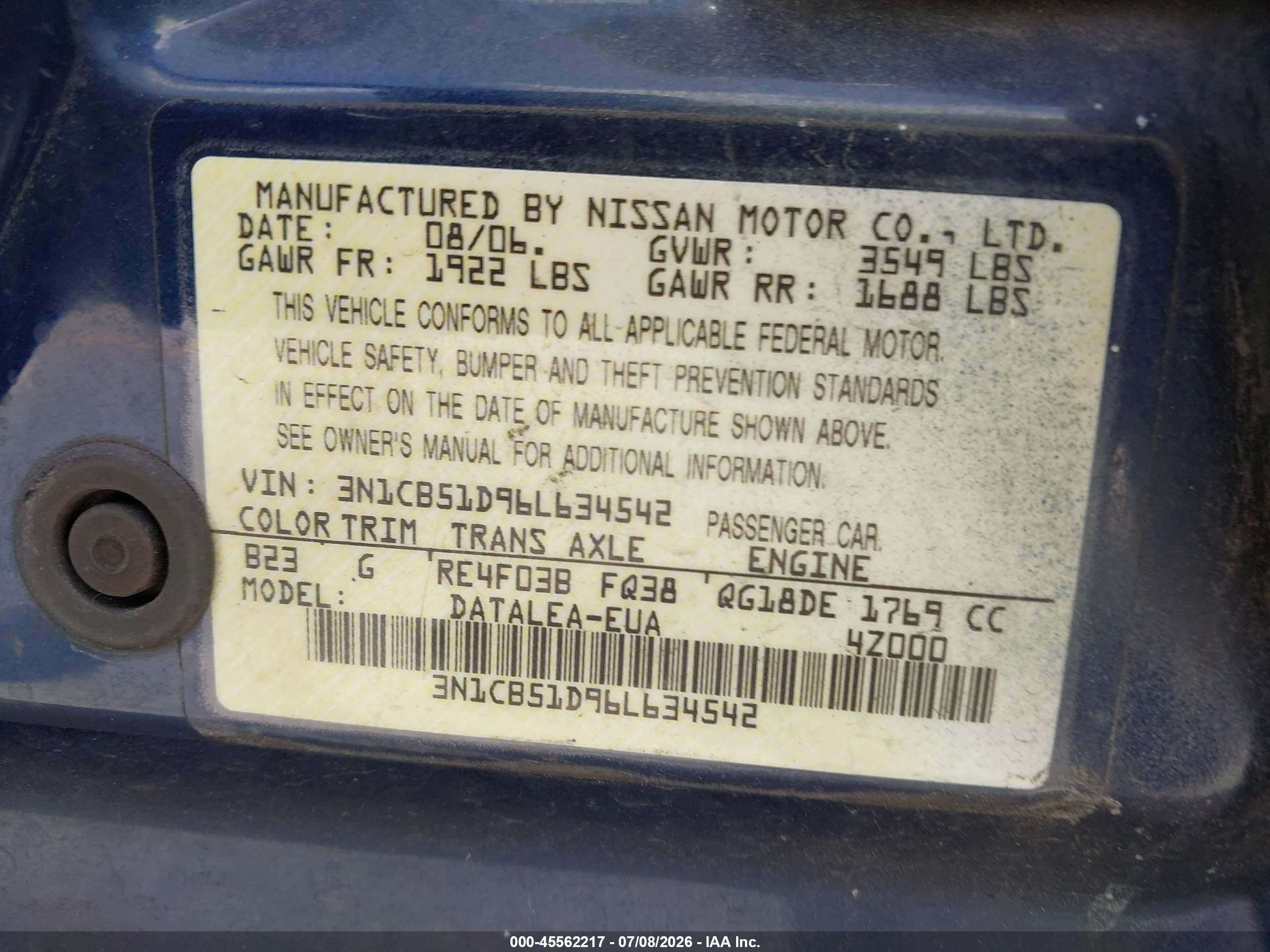 2006 Nissan Sentra 1.8s Navy vin: 3N1CB51D96L634542