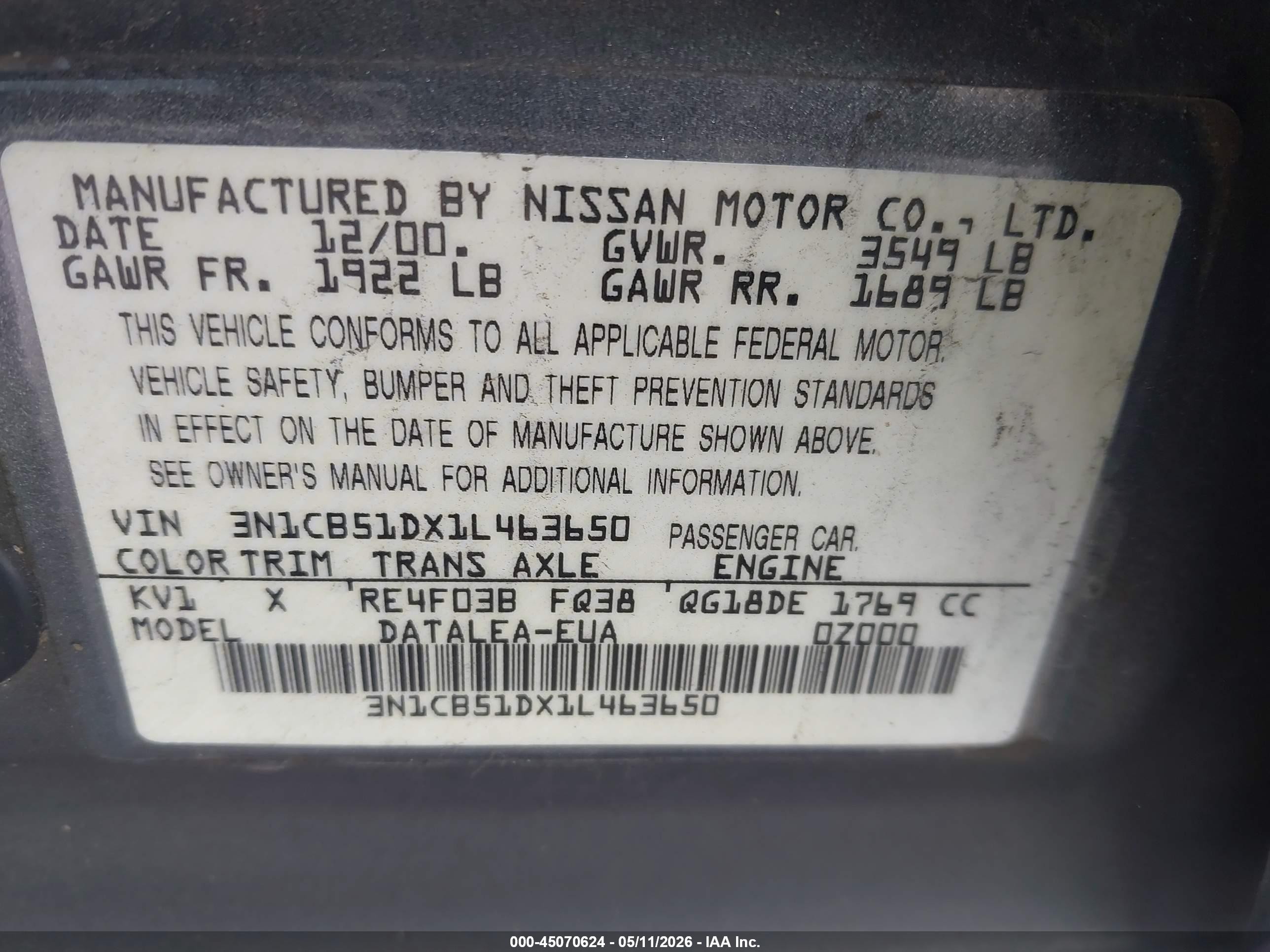 2001 Nissan Sentra Gxe Gray vin: 3N1CB51DX1L463650