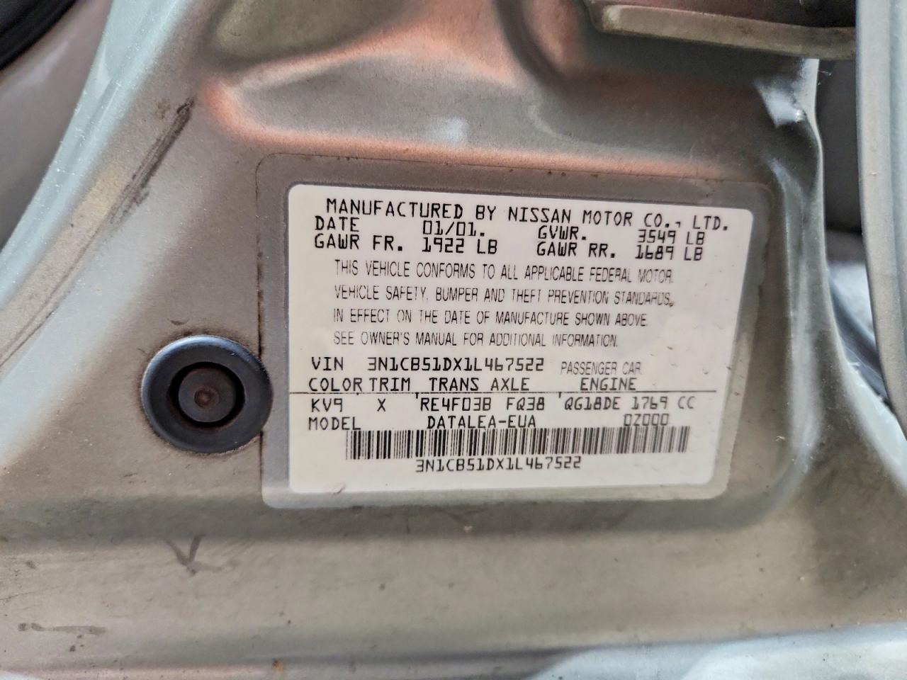 2001 Nissan Sentra Xe Tan vin: 3N1CB51DX1L467522