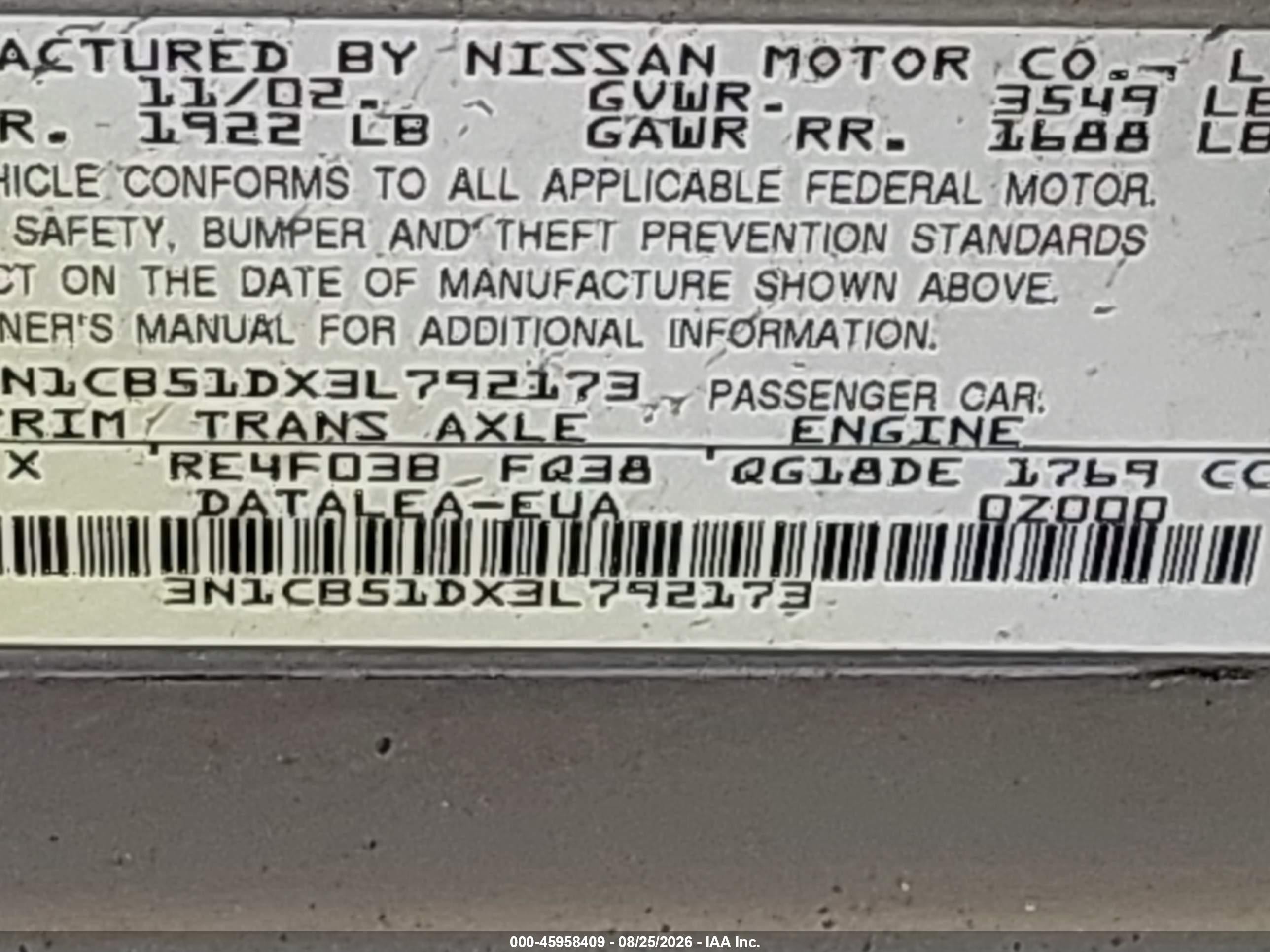 2003 Nissan Sentra Gxe Gold vin: 3N1CB51DX3L792173