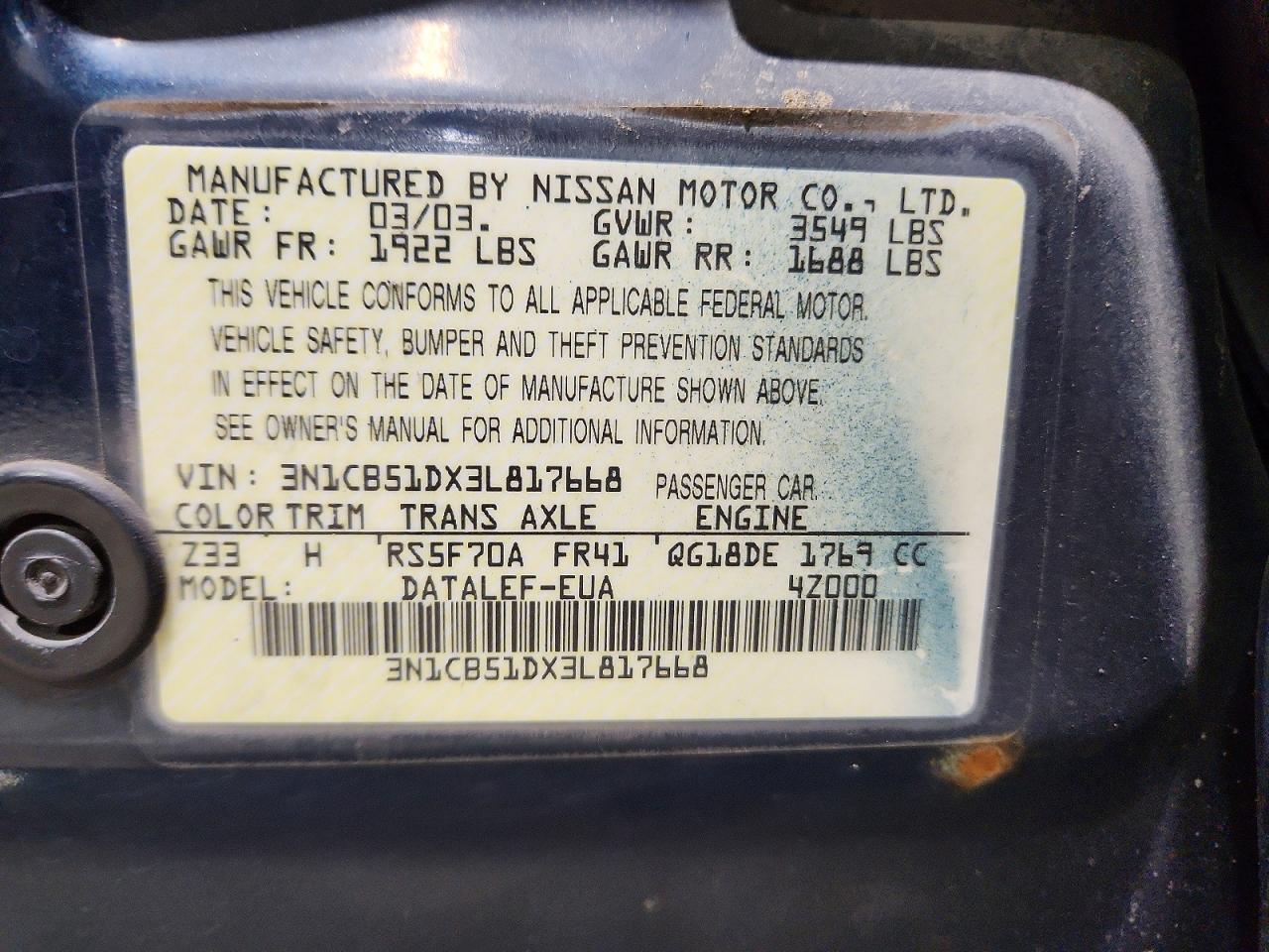 2003 Nissan Sentra Xe Синий vin: 3N1CB51DX3L817668