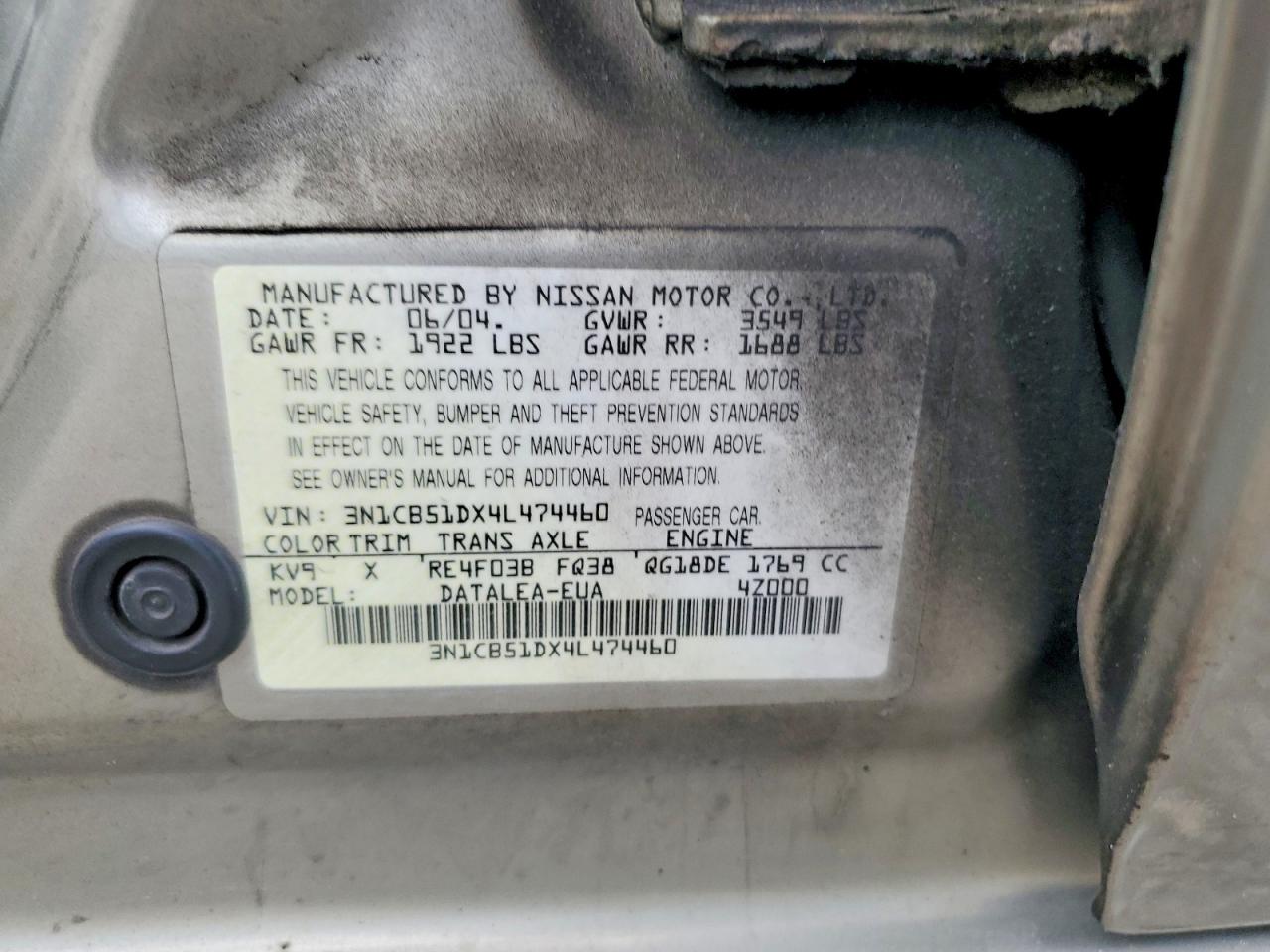 2004 Nissan Sentra 1.8/1.8s Beige vin: 3N1CB51DX4L474460