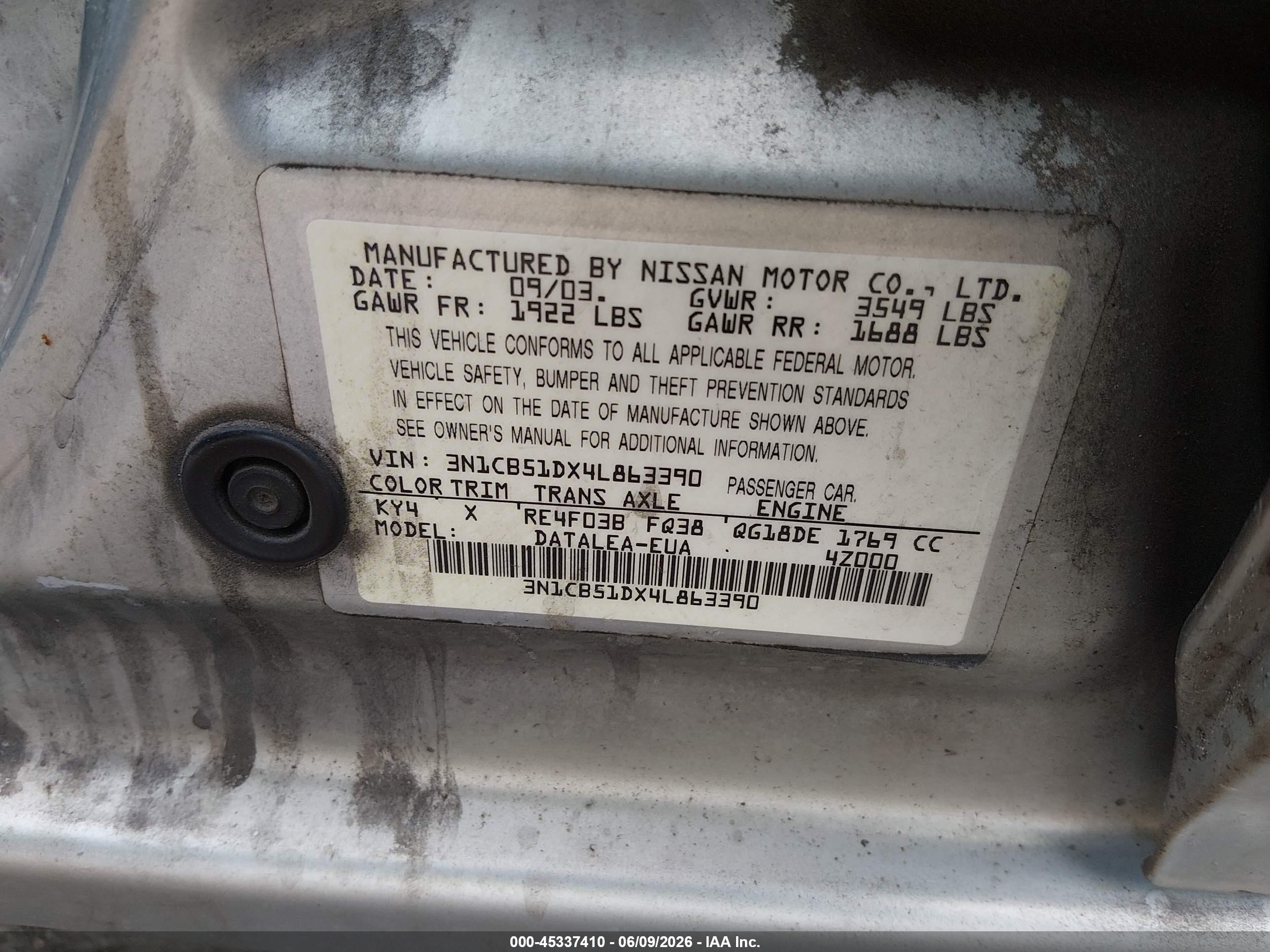 2004 Nissan Sentra 1.8s Silver vin: 3N1CB51DX4L863390