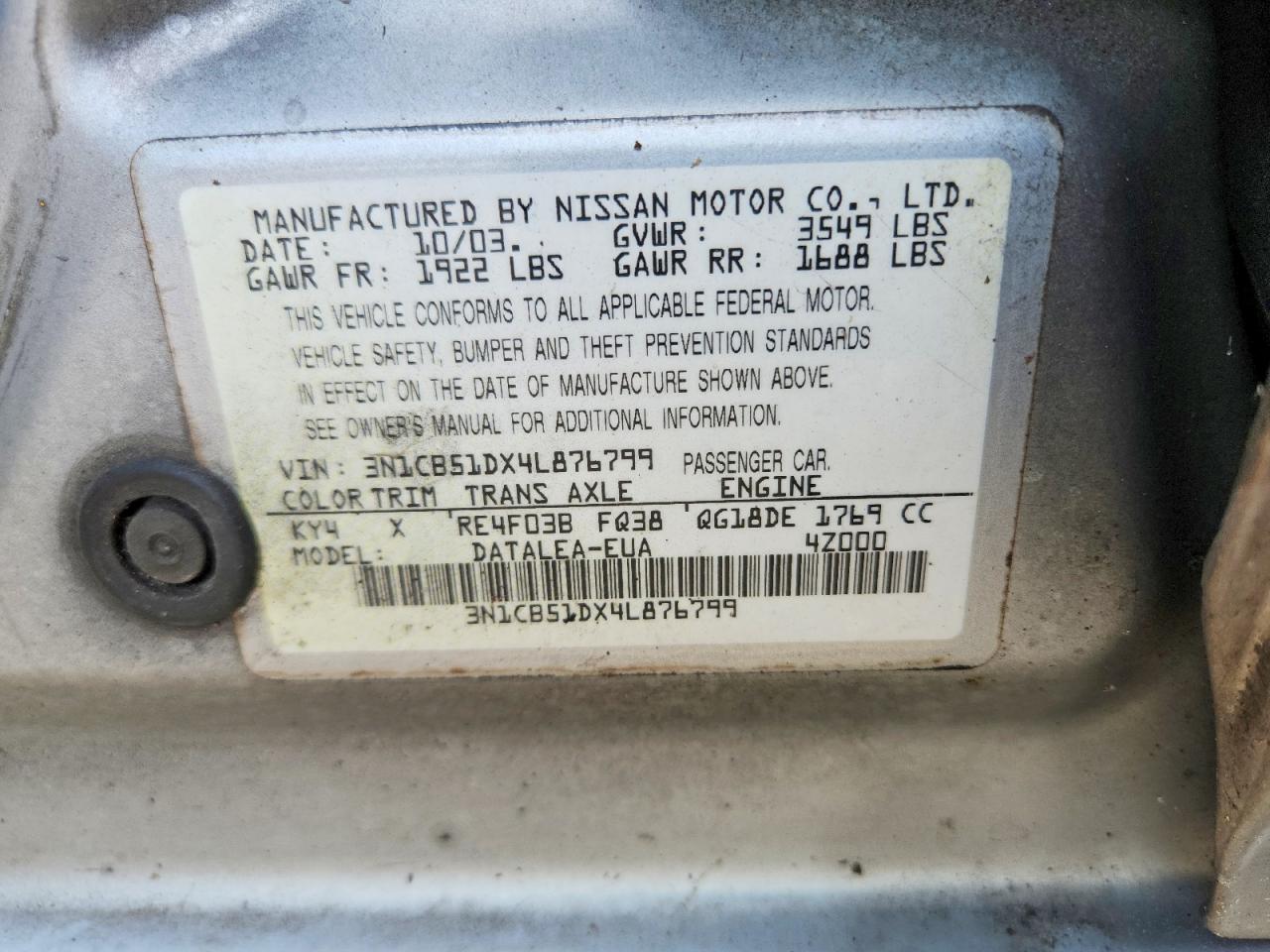 2004 Nissan Sentra 1.8 Silver vin: 3N1CB51DX4L876799