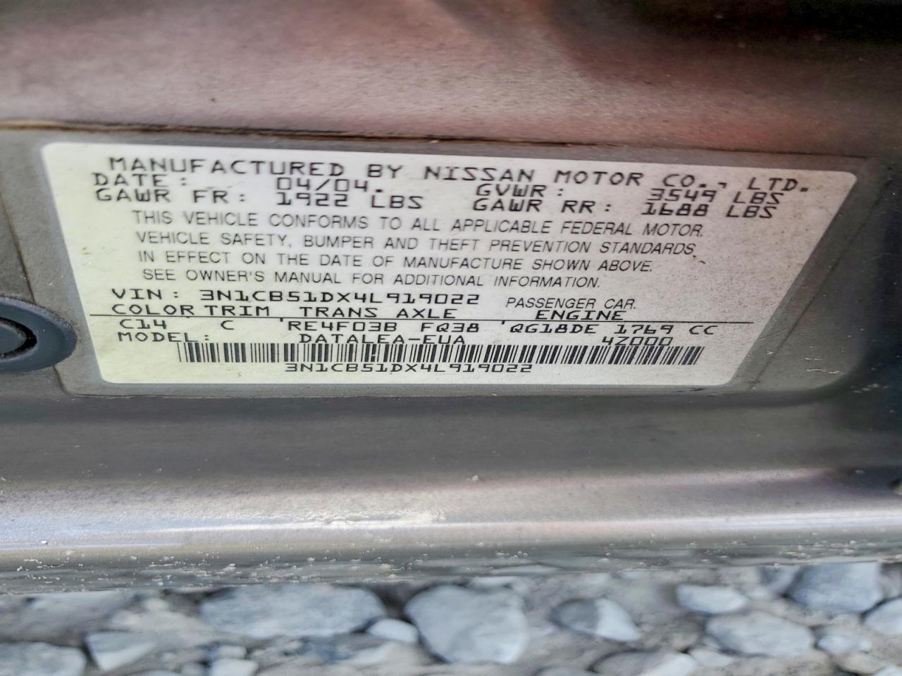 2004 Nissan Sentra 1.8 Бежевый vin: 3N1CB51DX4L919022