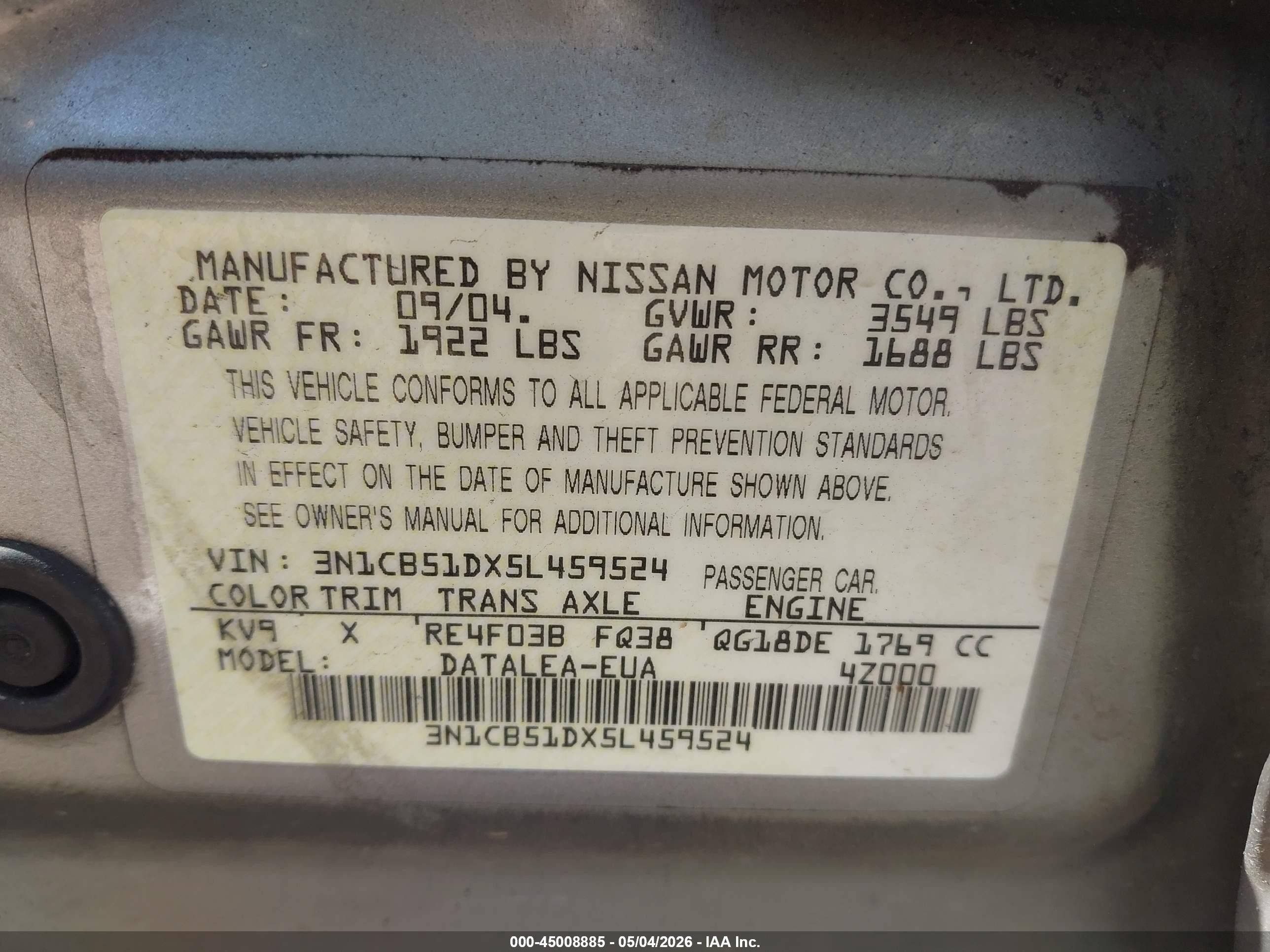 2005 Nissan Sentra 1.8s Beige vin: 3N1CB51DX5L459524