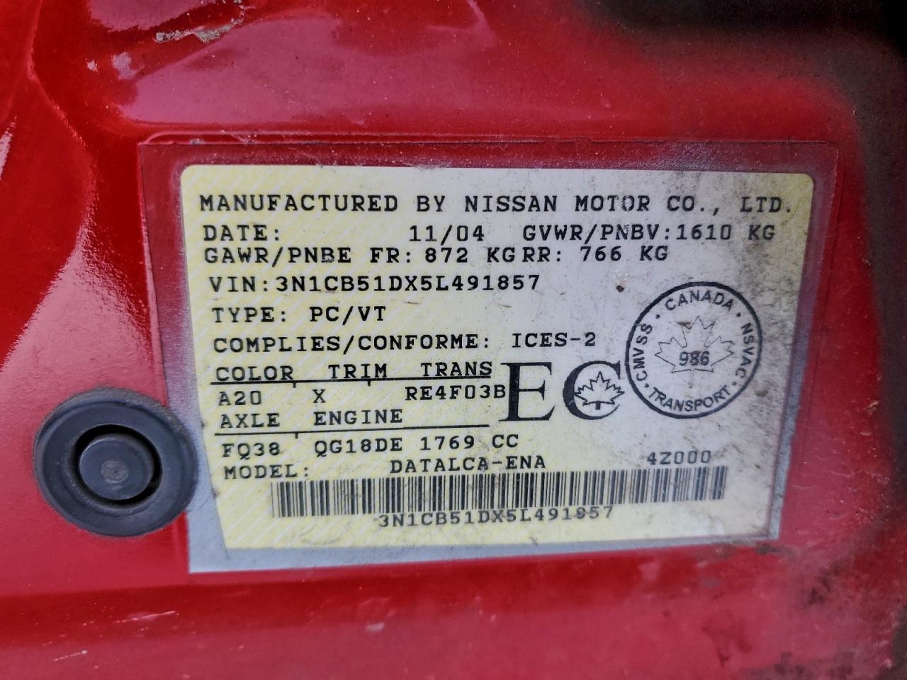2005 Nissan Sentra 1.8 Red vin: 3N1CB51DX5L491857