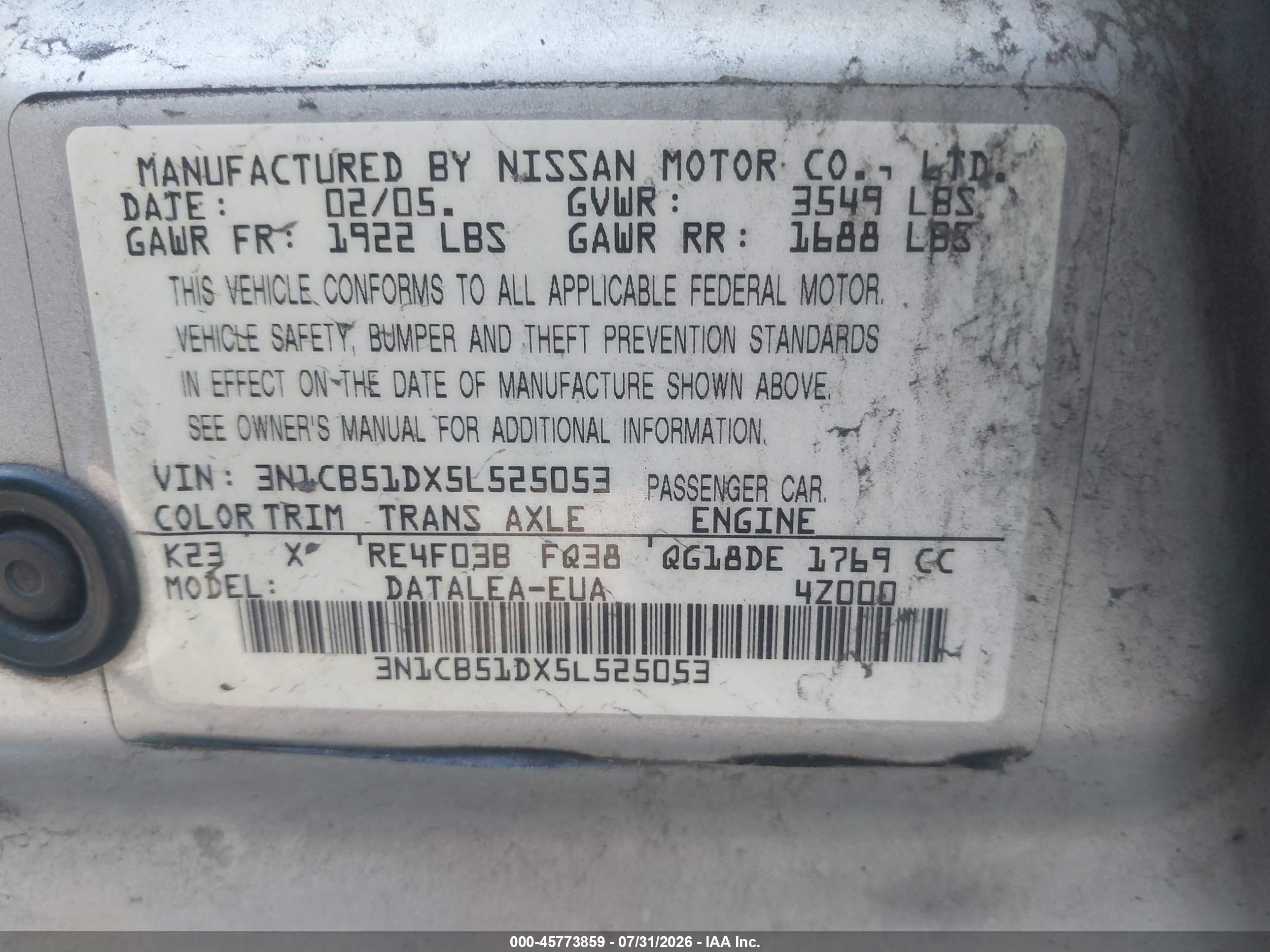2005 Nissan Sentra 1.8s Silver vin: 3N1CB51DX5L525053