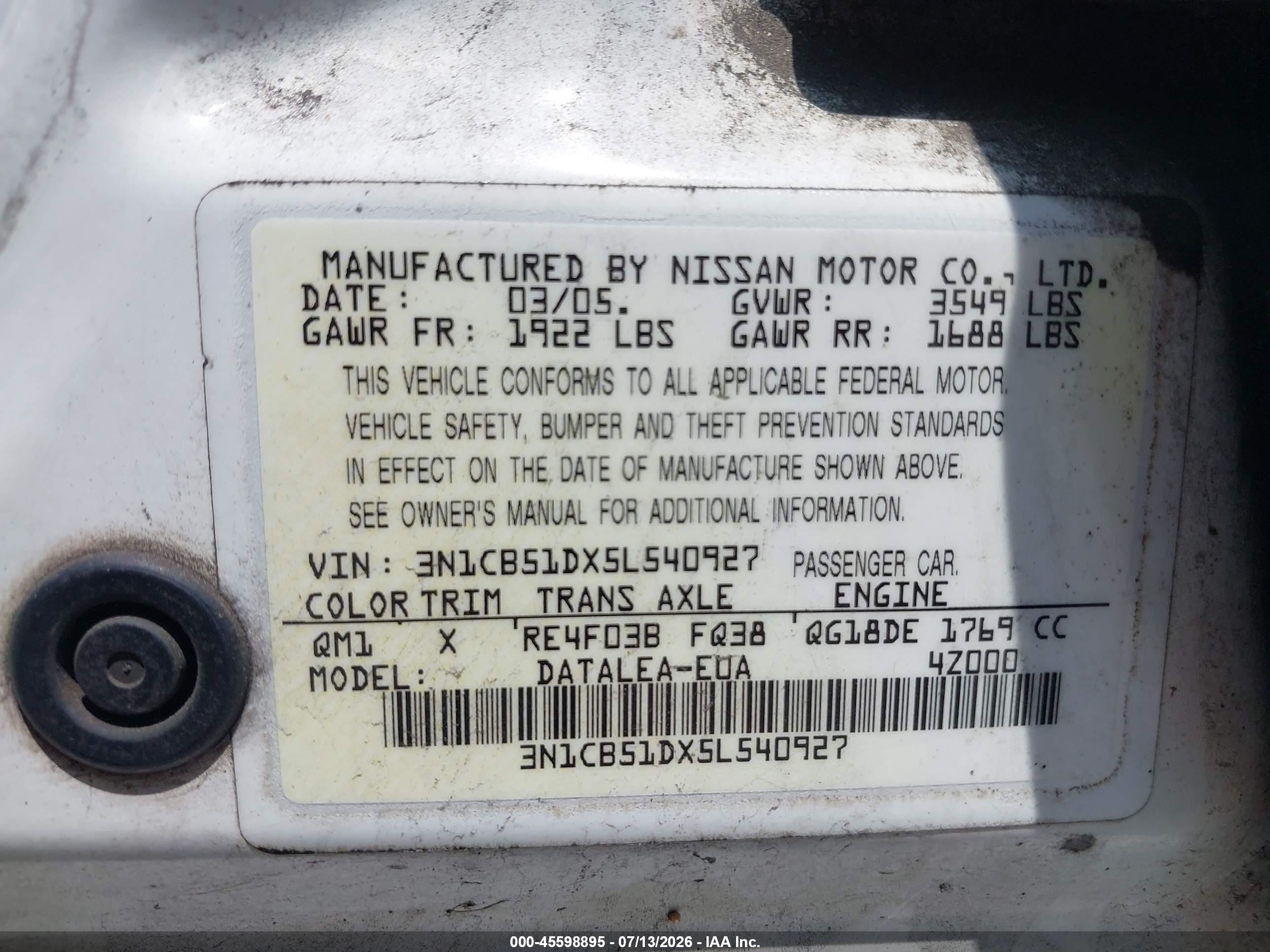 2005 Nissan Sentra 1.8s White vin: 3N1CB51DX5L540927
