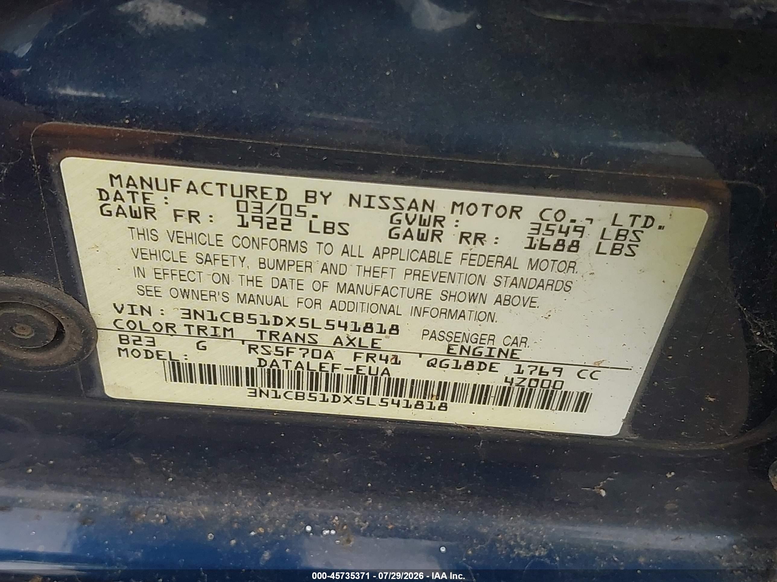 2005 Nissan Sentra 1.8s Blue vin: 3N1CB51DX5L541818