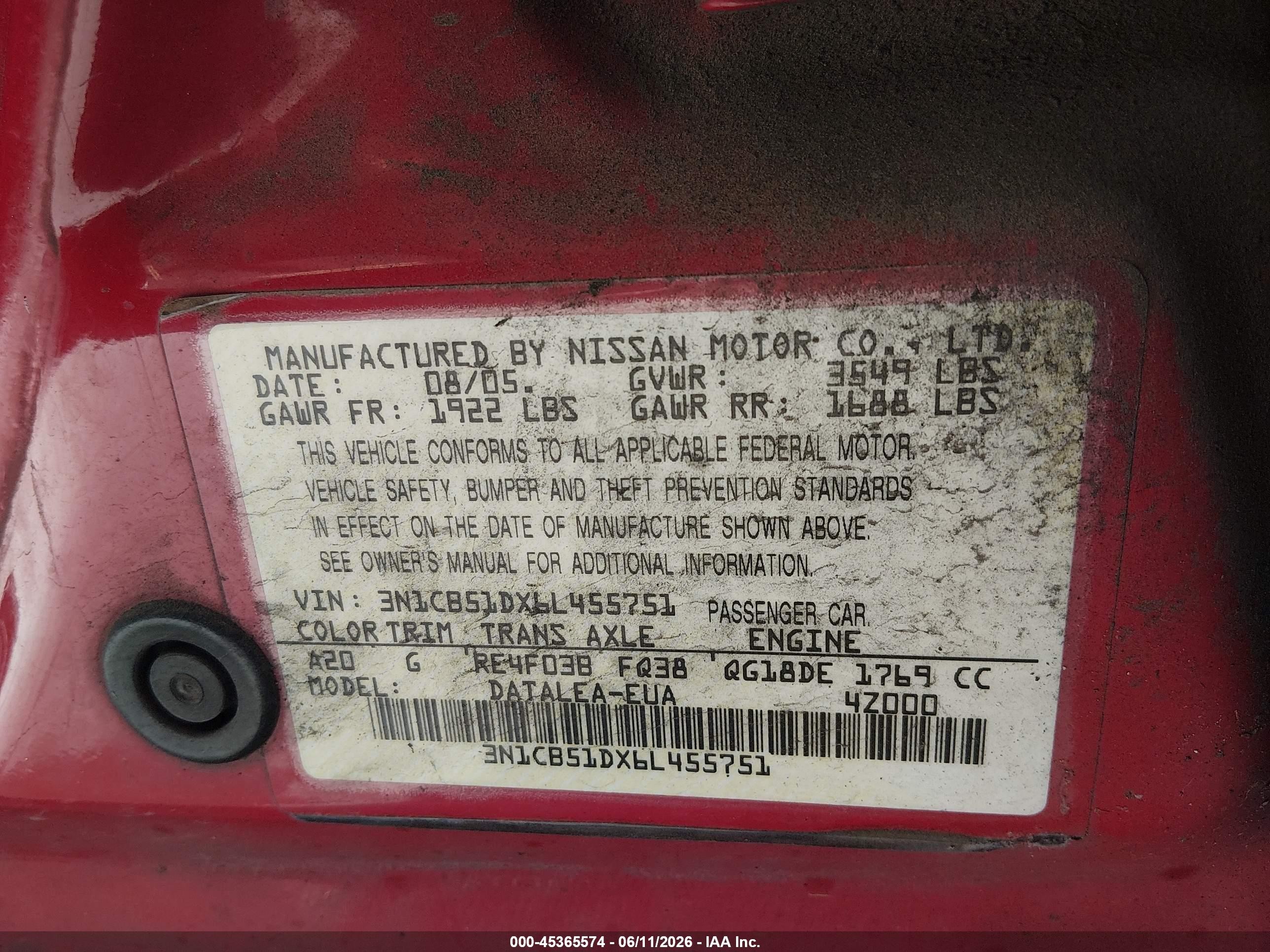 2006 Nissan Sentra 1.8s Red vin: 3N1CB51DX6L455751