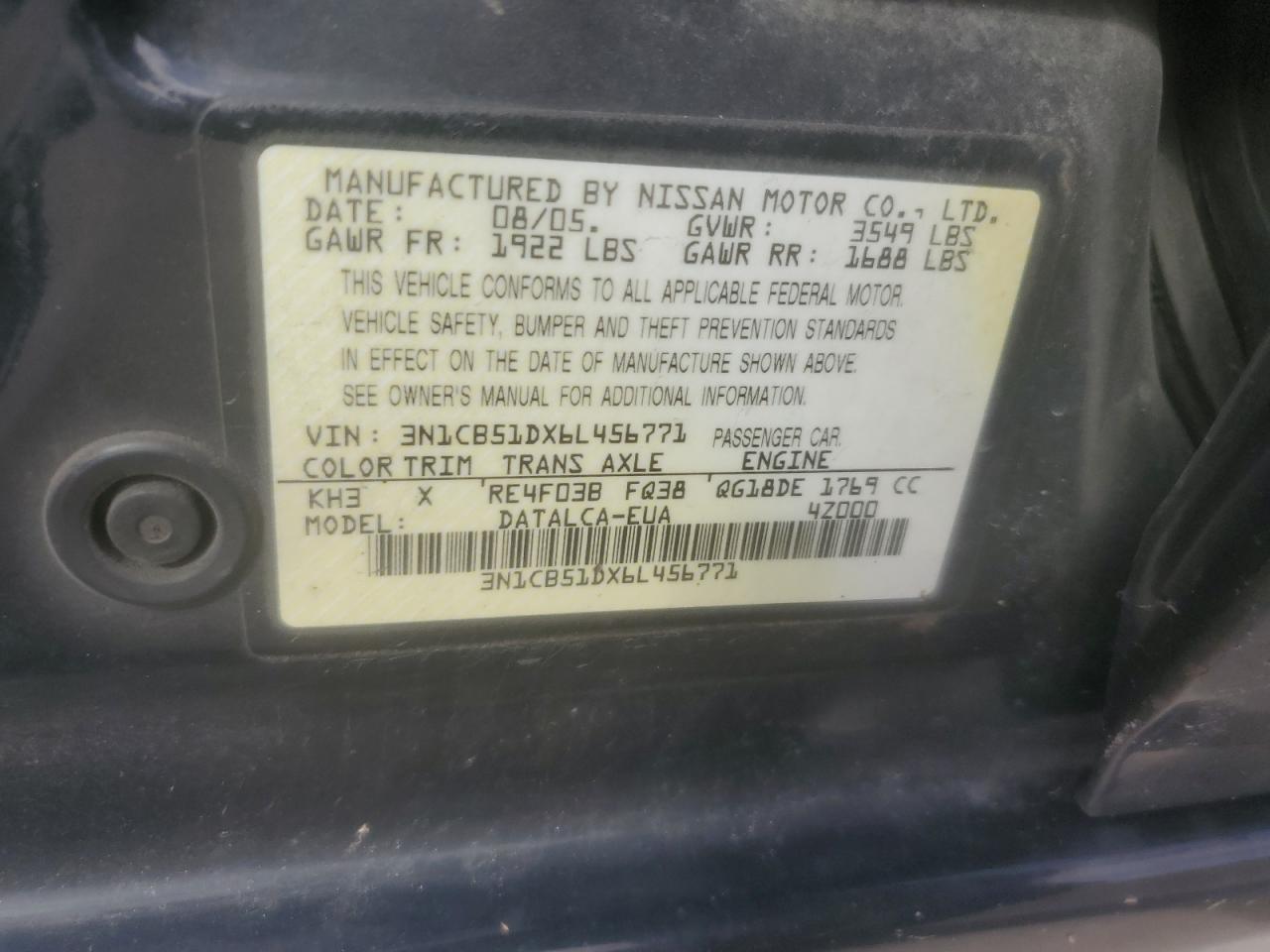 2006 Nissan Sentra 1.8 Blue vin: 3N1CB51DX6L456771