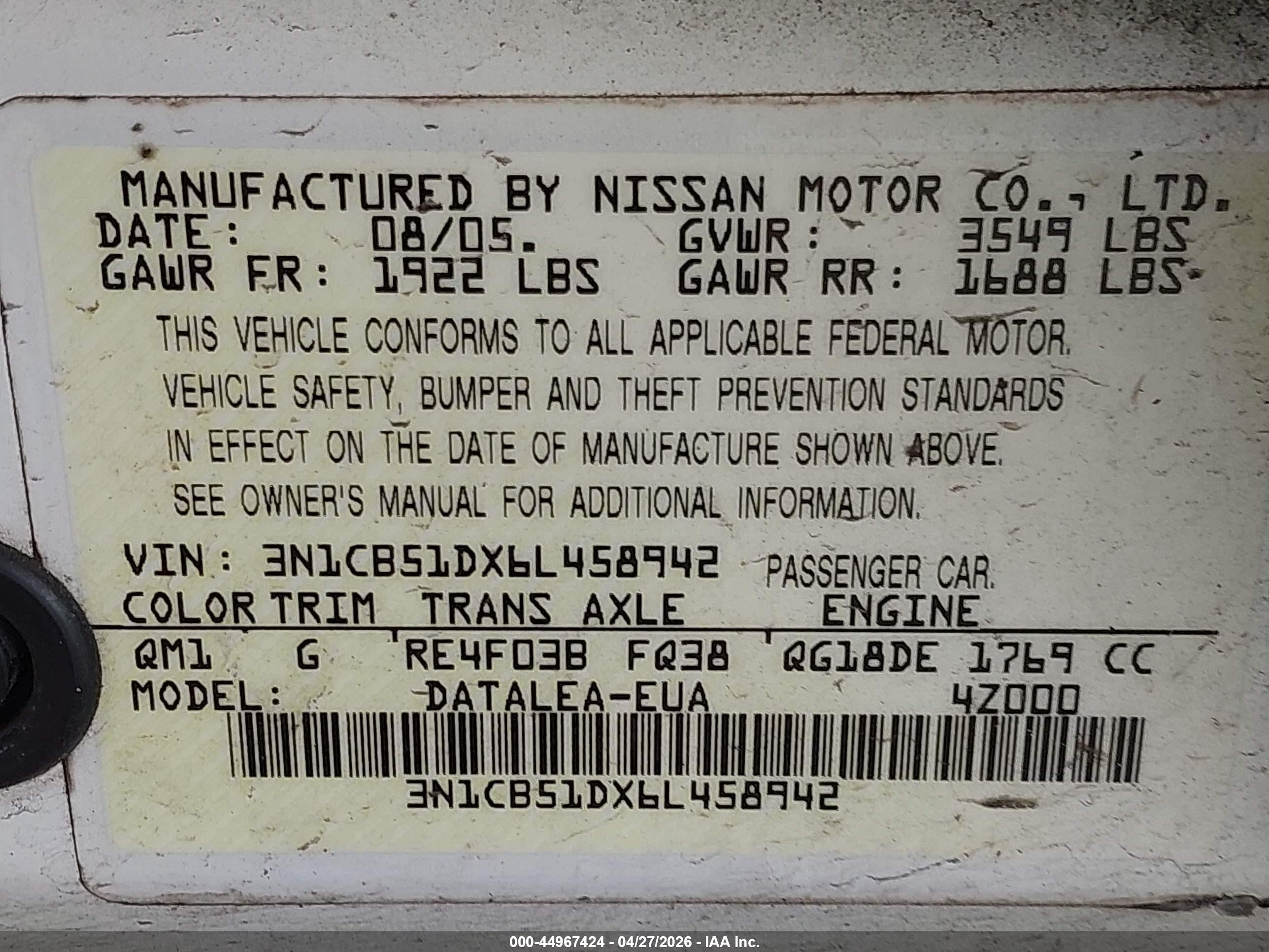 2006 Nissan Sentra 1.8s White vin: 3N1CB51DX6L458942