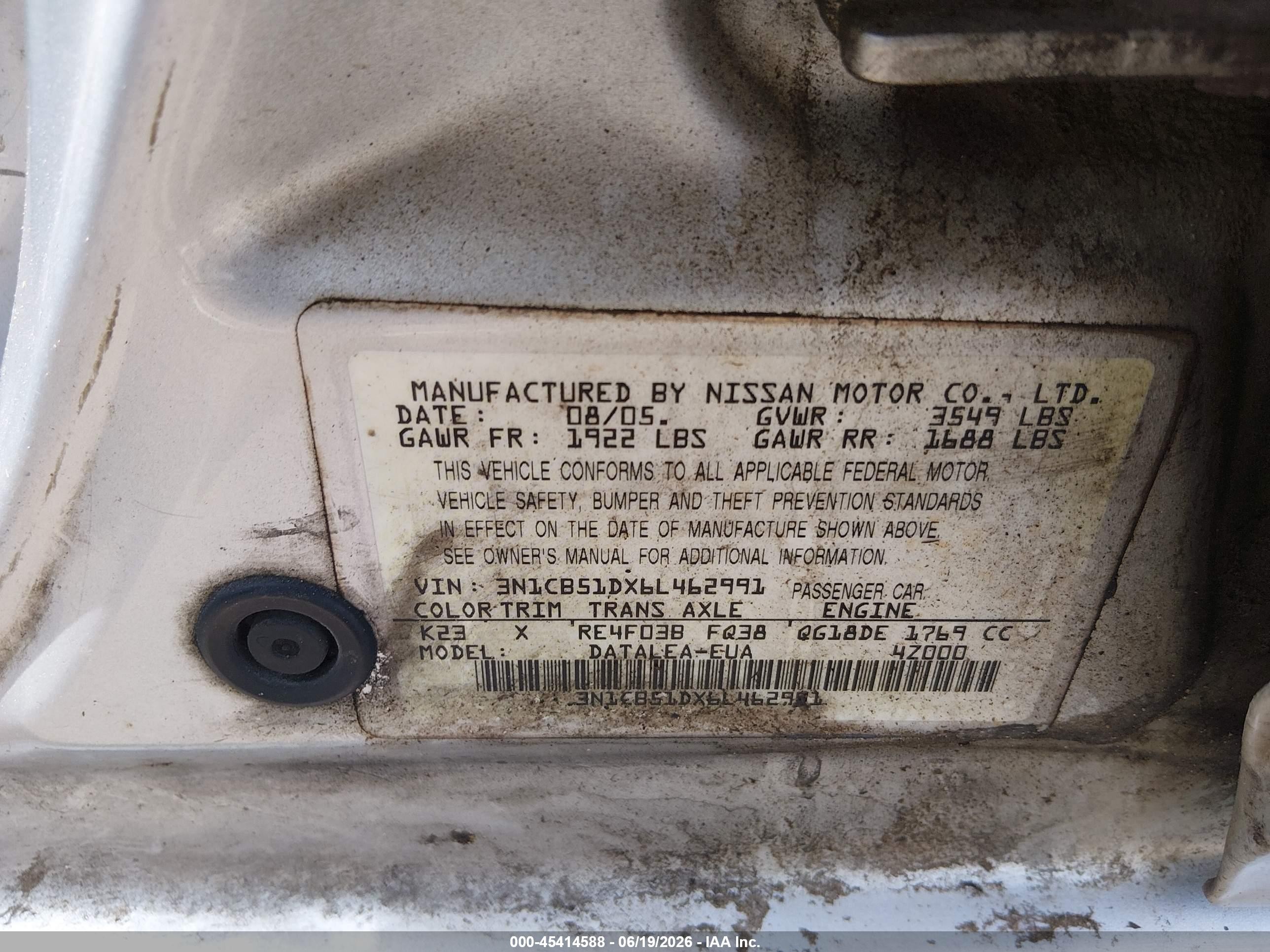 2006 Nissan Sentra 1.8s Silver vin: 3N1CB51DX6L462991