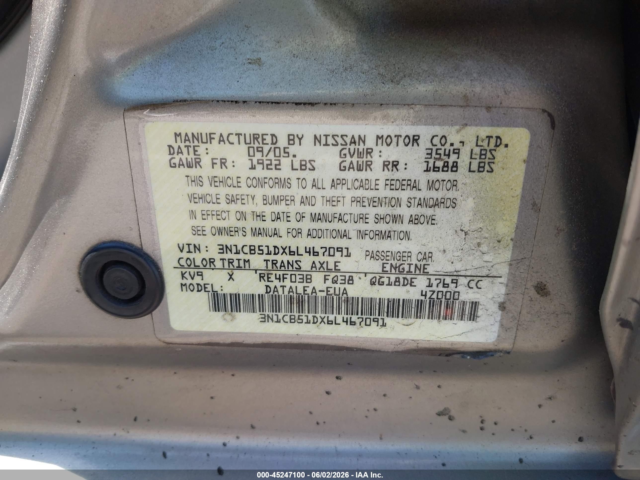 2006 Nissan Sentra 1.8s Beige vin: 3N1CB51DX6L467091