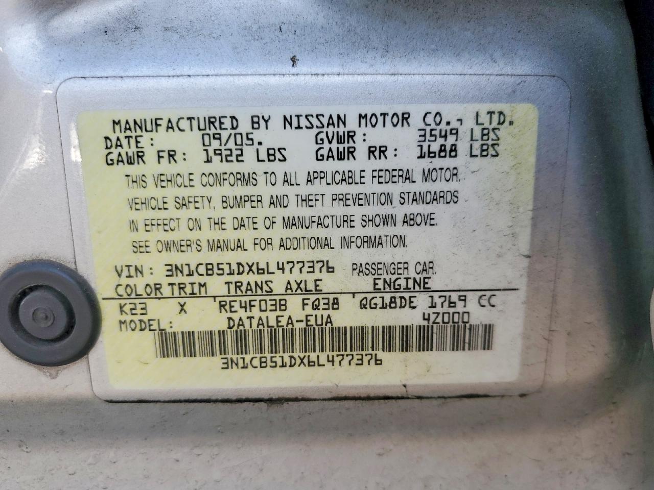 2006 Nissan Sentra 1.8 Silver vin: 3N1CB51DX6L477376