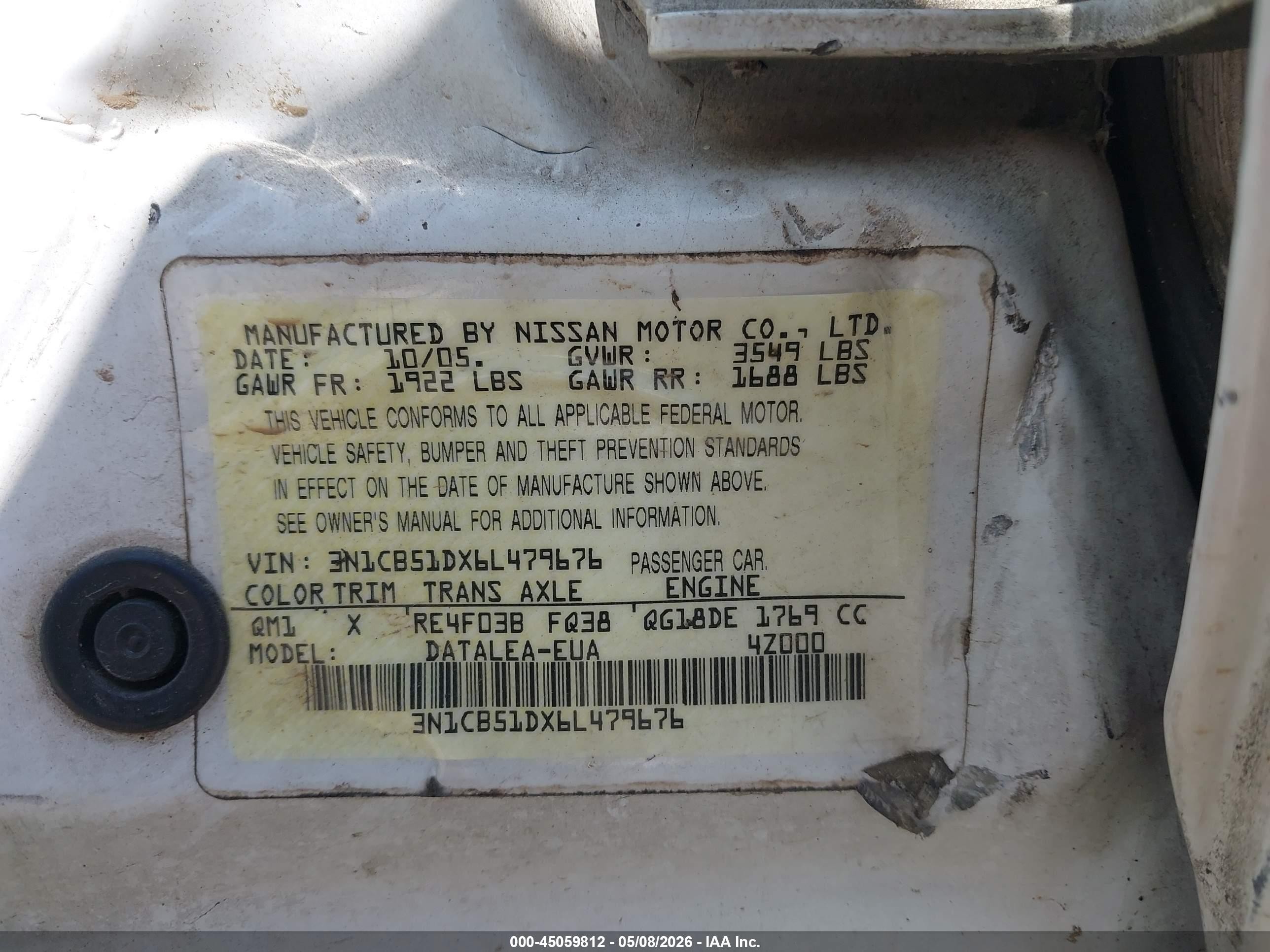 2006 Nissan Sentra 1.8s White vin: 3N1CB51DX6L479676