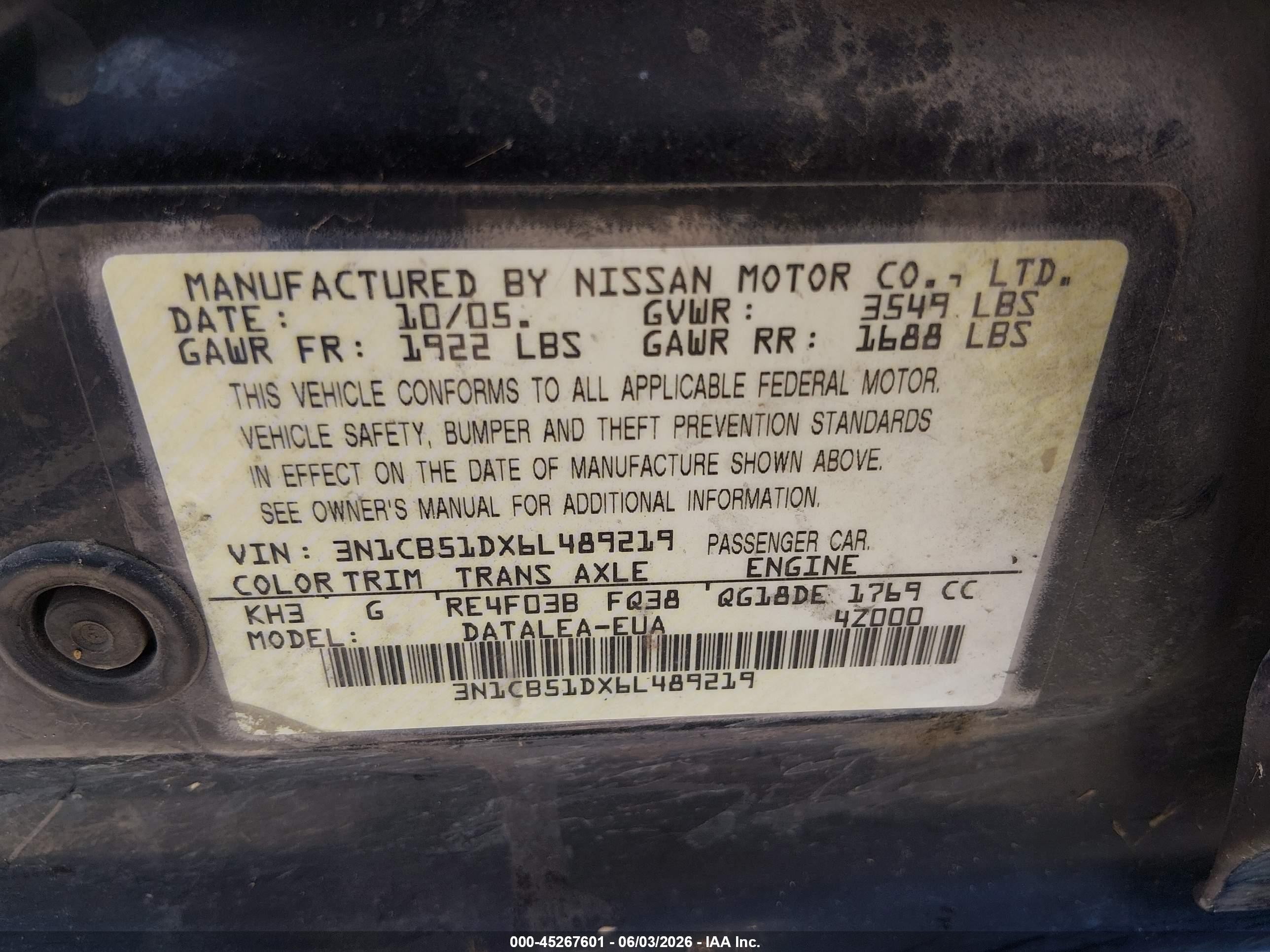 2006 Nissan Sentra 1.8s Black vin: 3N1CB51DX6L489219