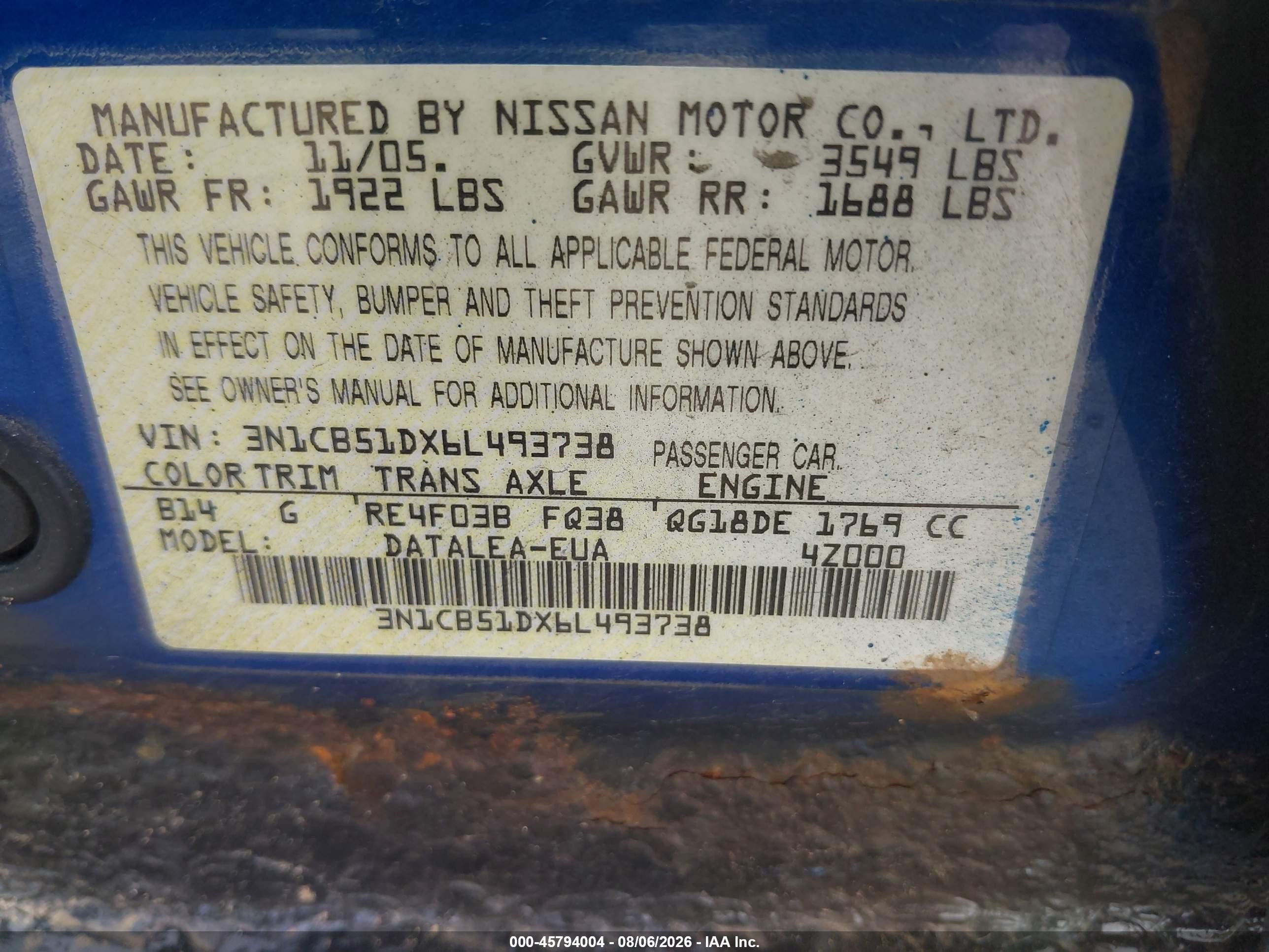 2006 Nissan Sentra 1.8s Blue vin: 3N1CB51DX6L493738