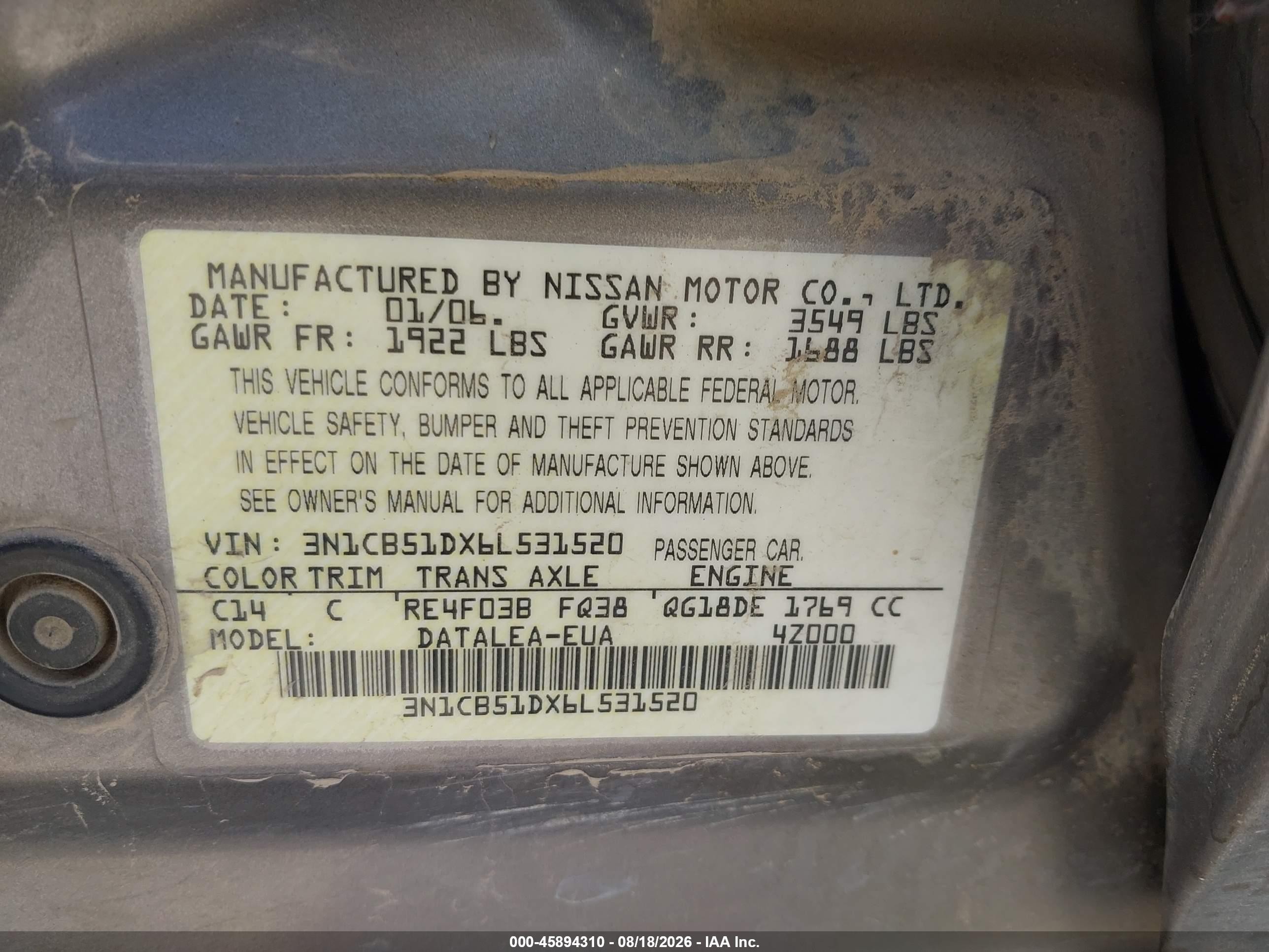 2006 Nissan Sentra 1.8s Gray vin: 3N1CB51DX6L531520