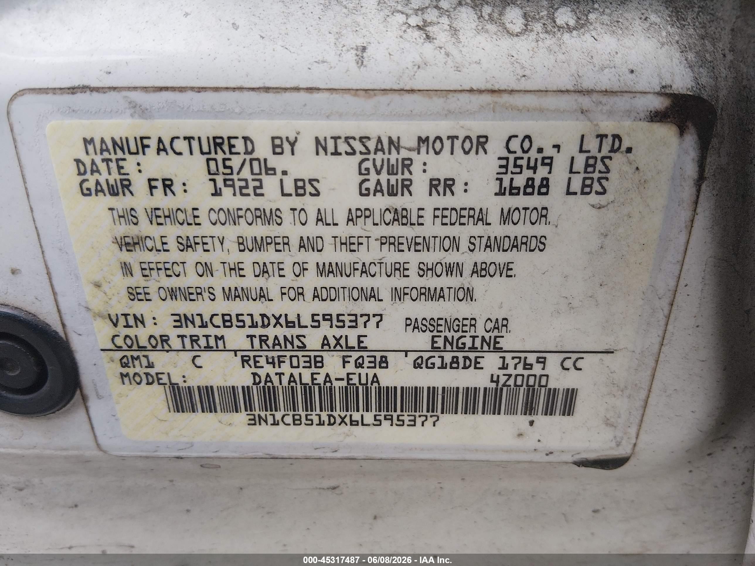 2006 Nissan Sentra 1.8s White vin: 3N1CB51DX6L595377